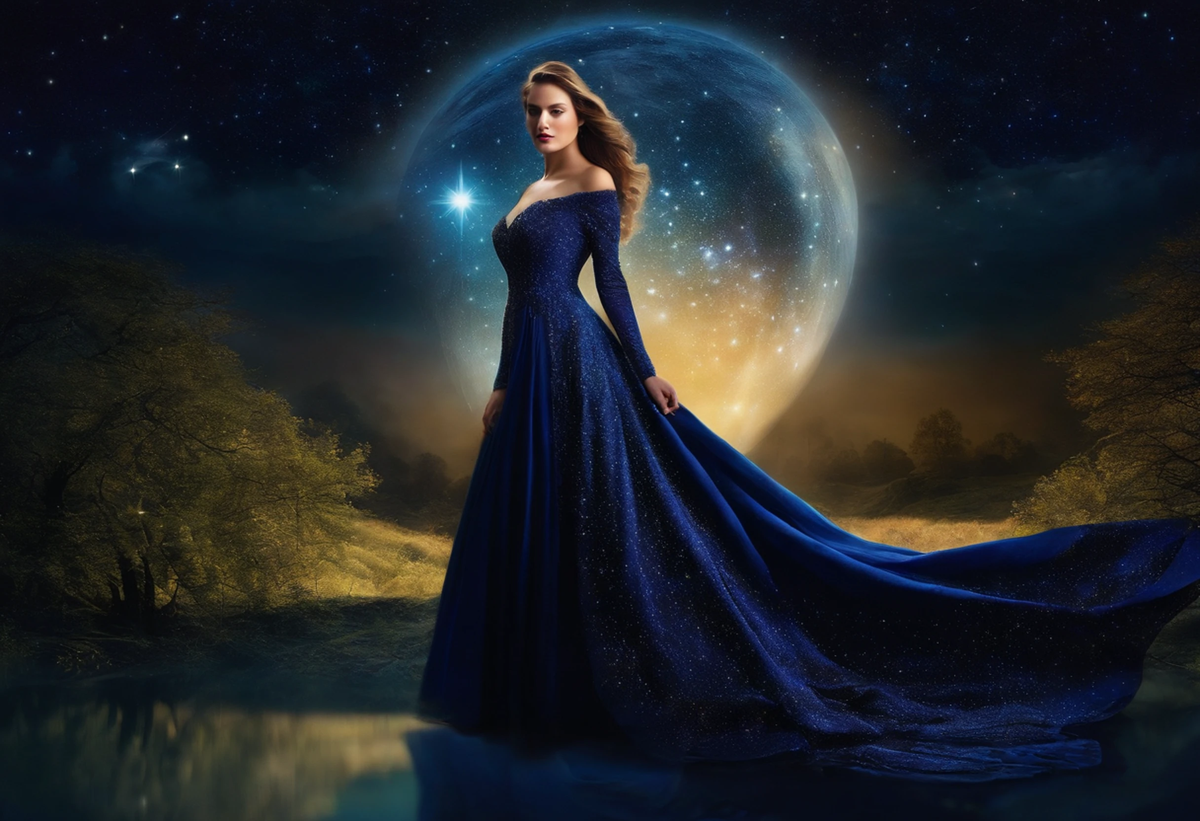landscape, A queen in a dress made of starry night veil is crossing on the Earth down below with her extraordinary long hem dragging. As she walks, starry night falls on her path. A starry night fantasy. perfect beautiful face, perfect hands, fantasy art, landscape,