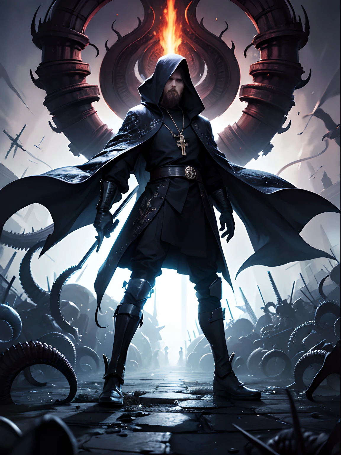 wide-shot, action, Epic Composition, photo of The most high (CthuluBishop:1) of the lovecraftian order of Cthulu