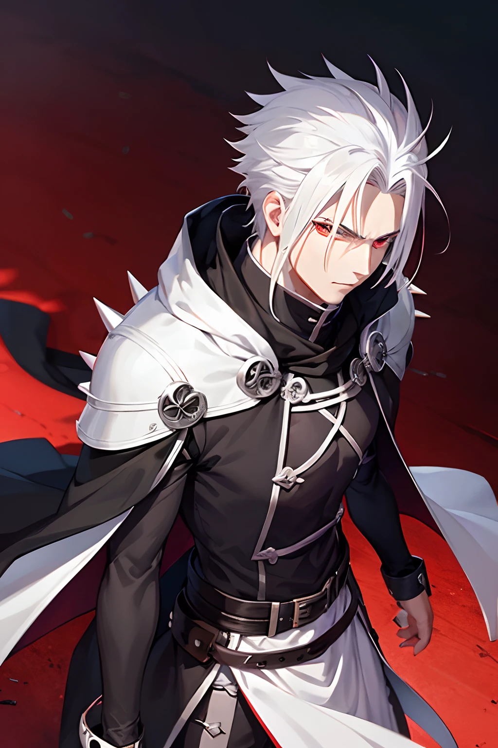 A man with spiky white hair, has a stripe over his left eye, red eyes, wears a black cloak with shadows, anime, Fate Stay Night style