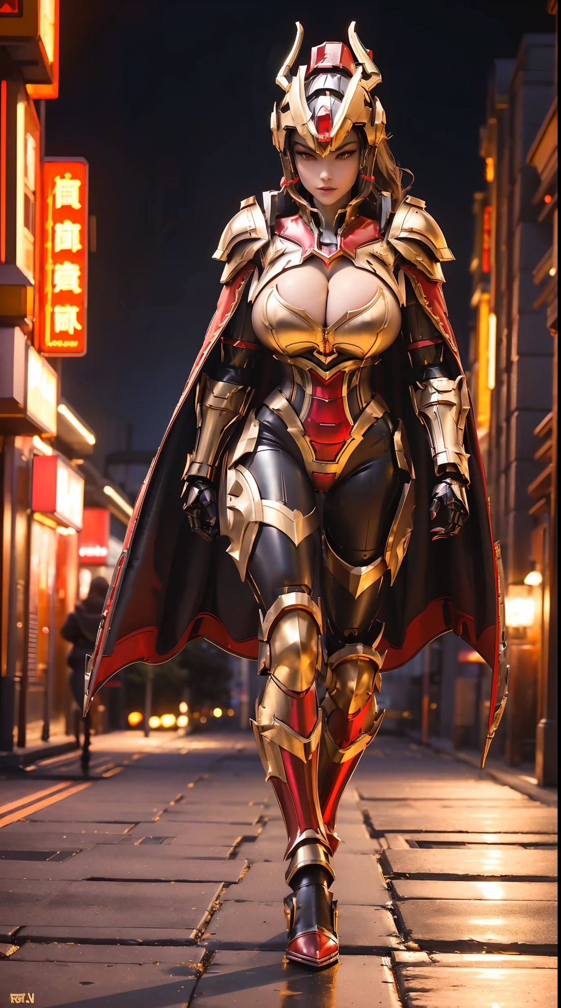 1GIRL, SOLO,(ponytail, Dragon helmet), (HUGE FAKE BOOBS:1.3), (red, black, gold, FUTURISTIC DRAGON MECHA ARMOR SUIT, ROYAL CAPE, CLEAVAGE:1.5), (SKINTIGHT YOGA PANTS, HIGH HEELS:1.2), (NSFW GLAMOROUS BODY, SEXY LONG LEGS, FULL BODY:1.3), (FROM FRONT, LOOKING AT VIEWER:1), (WALKING DOWN ON STREET NIGHT CITY:1.3), PHYSICALLY-BASED RENDERING, ULTRA HIGHT DEFINITION, 8K, 1080P.