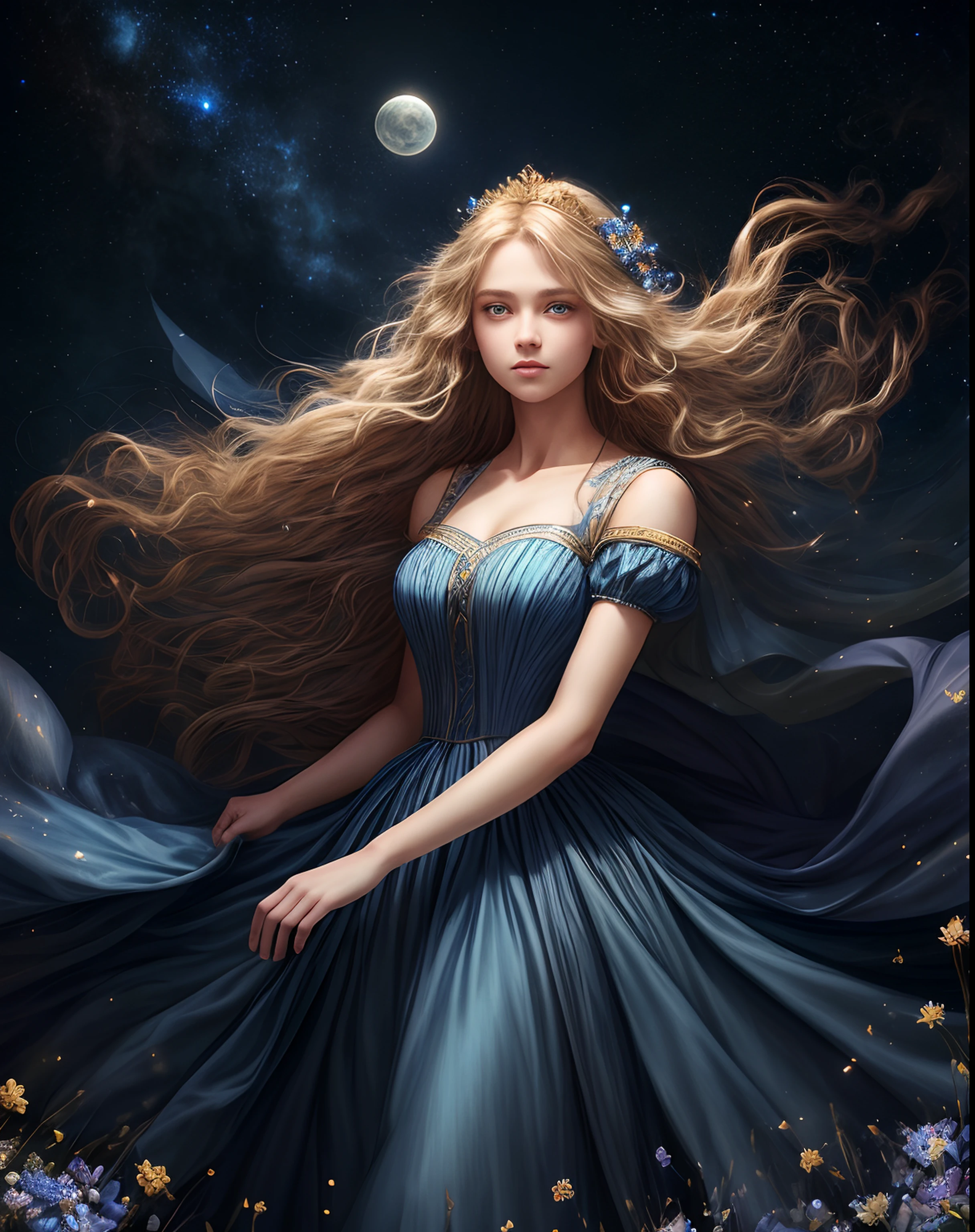 (best quality, masterpiece), young woman, medieval princess blue dress, pose, particle, wind, flower, upper body, full moon night background, looking at viewer, long straight windblown golden hair, detailded blue eyes, galaxy, backlit, rimlight, beautiful artwork, perfect composition