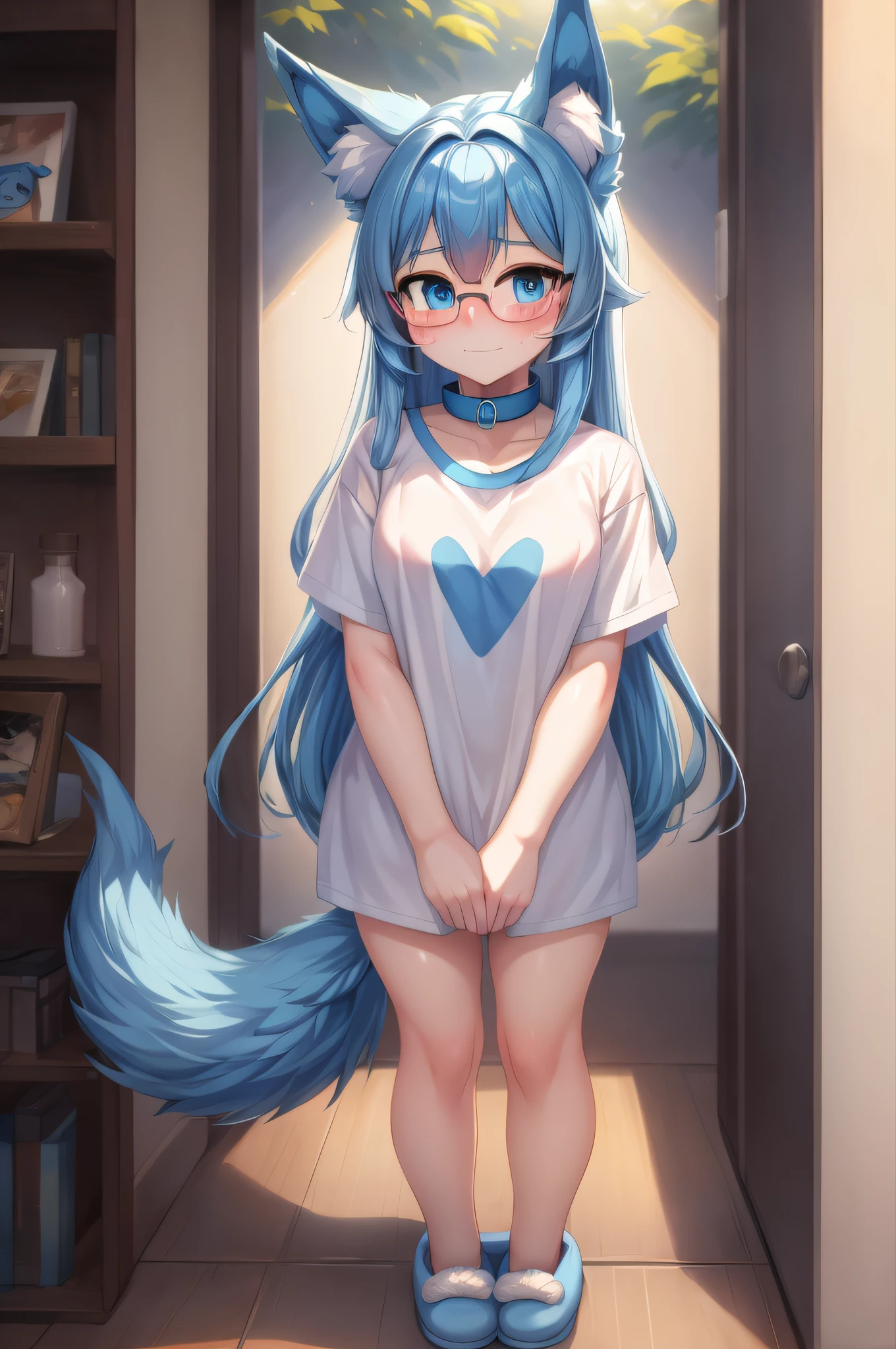 (Masterpiece) (High Detail) (High Res) A humanoid girl with pale human skin and blue eyes and long blue hair and blue dog ears and a fluffy dog tail is stood wearing just an oversized white t-shirt with a blue collar and a pair of glasses and a pair of fluffy blue slippers. She has a blush on her face and looks shy. Full body image.