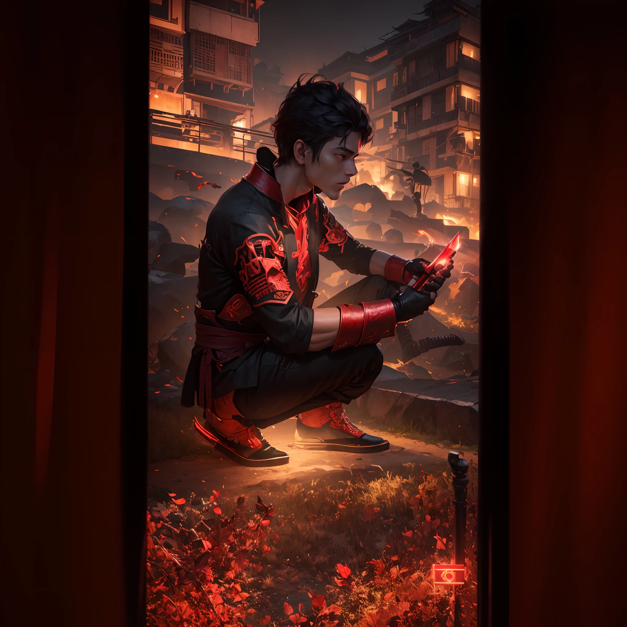 8K,Photorealsitic　Raw photography　top-quality;1.4) 　(One Boy)　Super handsome　(Lifelike face)　Boy with Japan sword on his waist　Black and red samurai armor　Black and red trousers(Golden decoration)　Glowing red eyes glaring at you　超A high resolution　A hyper-realistic　real looking skin　enticing　Beautiful expression　Demon Hunters of Beast City　combat scene　Iai Slash　Intense red aura from the body(Red effect)