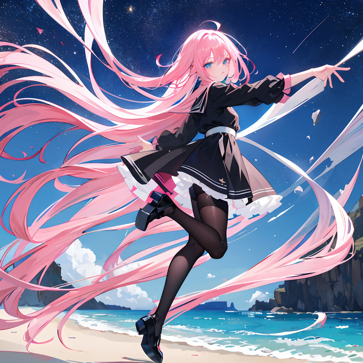 Pink hair，long whitr hair，Neat bangs，Qi bangs，skyblue eyes，，adolable，teens girl，Black beautiful dress，Black silk pantyhose，Leather shoes on their feet，Full body photo from the side，All body，Fingers and arms are not exposed，Background sandy beach，Starry sky by the sea，Happy expression，Cute gestures
