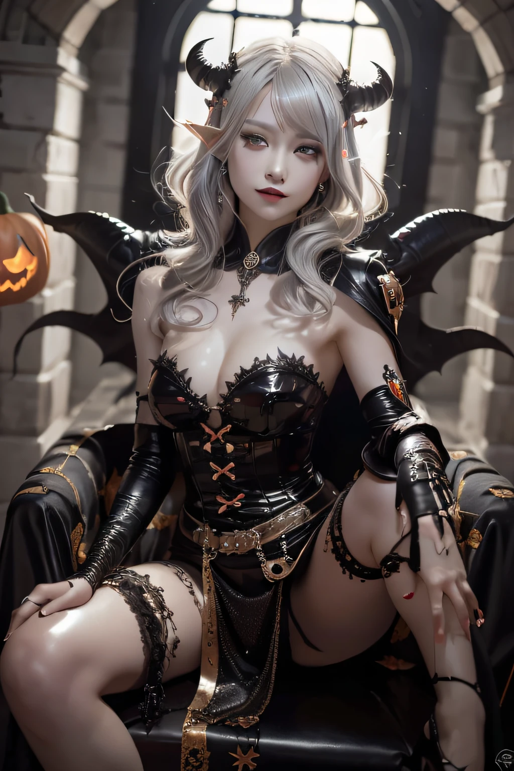 (masterpiece:1.3), high resolution, ultra detailed, extremely detailed CG unity 8k wallpaper, realistic, photo-realistic, RAW photo, (beautiful detailed face), pale skin, realistic skin, detailed cloth texture, detailed hair texture, Perfect body, Beautiful Face, accurate, Anatomically correct, Highly detailed face and skin texture, natural neck length, (beautiful hands), (fair skin:1.2), Thin legs, Thin feet, (((dim lighting:1.3))), silver laser,
BREAK,
Detailed eyes, symmetrical eyes, Brown eyes, Double eyelids, Thin eyebrows, ((Dracula makeup:1.3)), (Glossy lips:1.4), (seductive smile:1.2),
BREAK,
(A Devil girl), ((wearing a Devil costume:1.3)), (Black pin heels:1.1), (demon horns on the head:1.2), (huge black wings on the back:1.2),
medium large breasts, (firm breast, nicely shaped breasts, slender figure:1.1),
((Gray hair:1.5)), (wavy hair), ((short hair:1.2)), ((asymmetrical bangs:1.2)),
BREAK,
(Sitting on the Luxury chair with full open legs:1.2), ((view of A dim ruins decorated for Halloween:1.2)), (From below:1.1),
(((Upper body shot:1.2))), (looking at viewer:1.2),