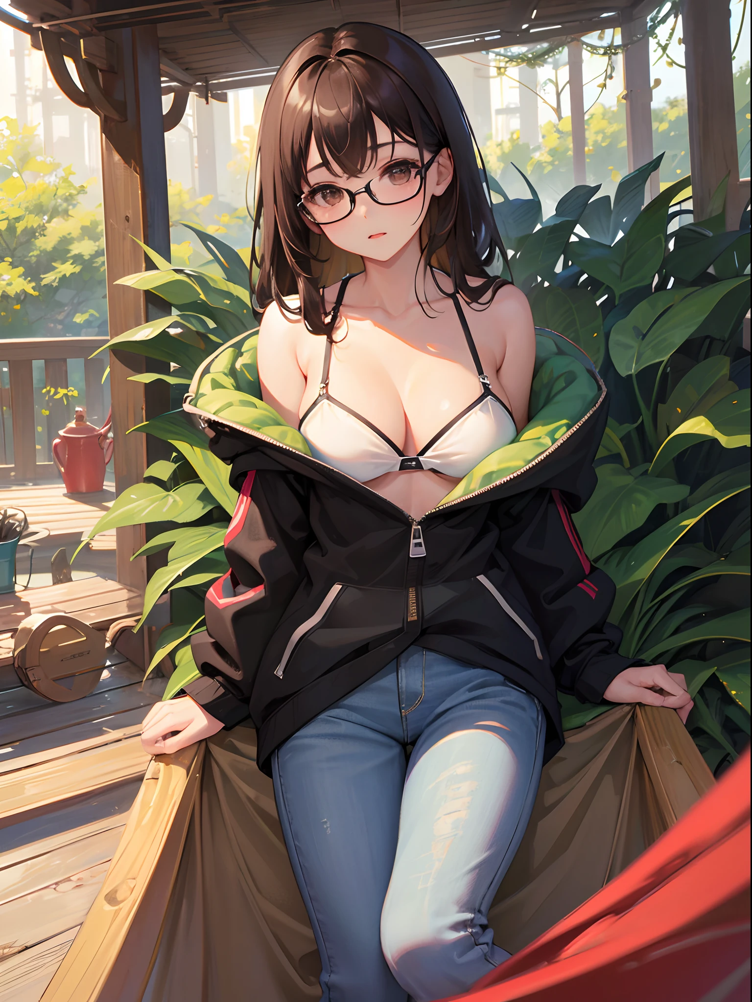 1 female、brown haired、Brown eyes、Black-rimmed glasses、seductive boobs、gorgeous faces、Perfect body。Best Quality、ultra-detailliert、8K resolution、Raw photo、masutepiece。in woods。Sleeping in a hammock。parka、denim pant。
