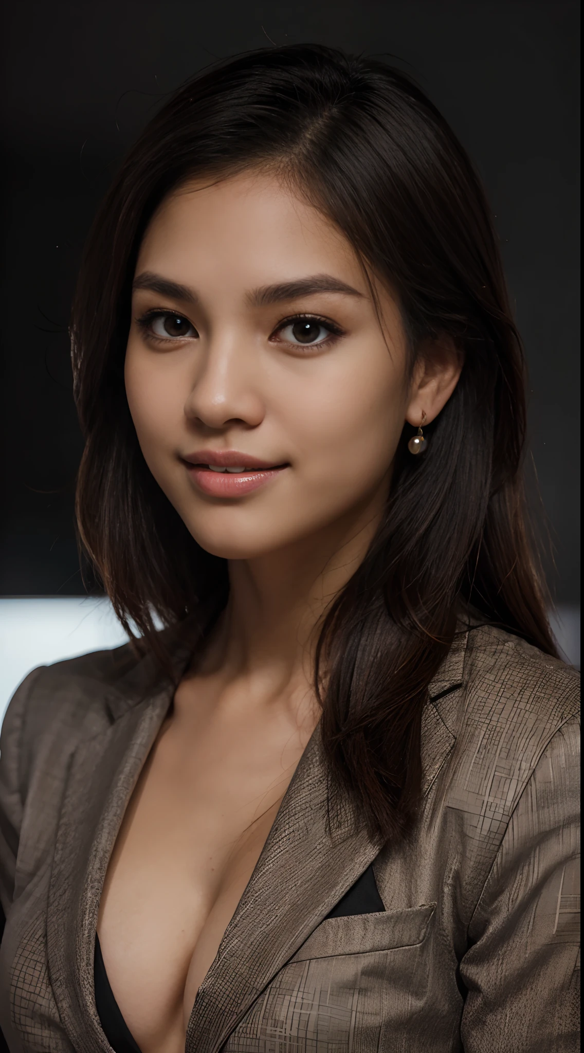 RAW Photo, DSLR BREAK (kkw-ph1:0.9) BREAK portrait of 1 young 20yo woman, brown hair, wearing a business suit, with a business suit on, in a strict suit, wearing stud pearl earrings, perfect eyes, perfect lips, perfect nose, professional color graded, wonderful woman, dark background, filipina, pinay, filipino woman, smiling