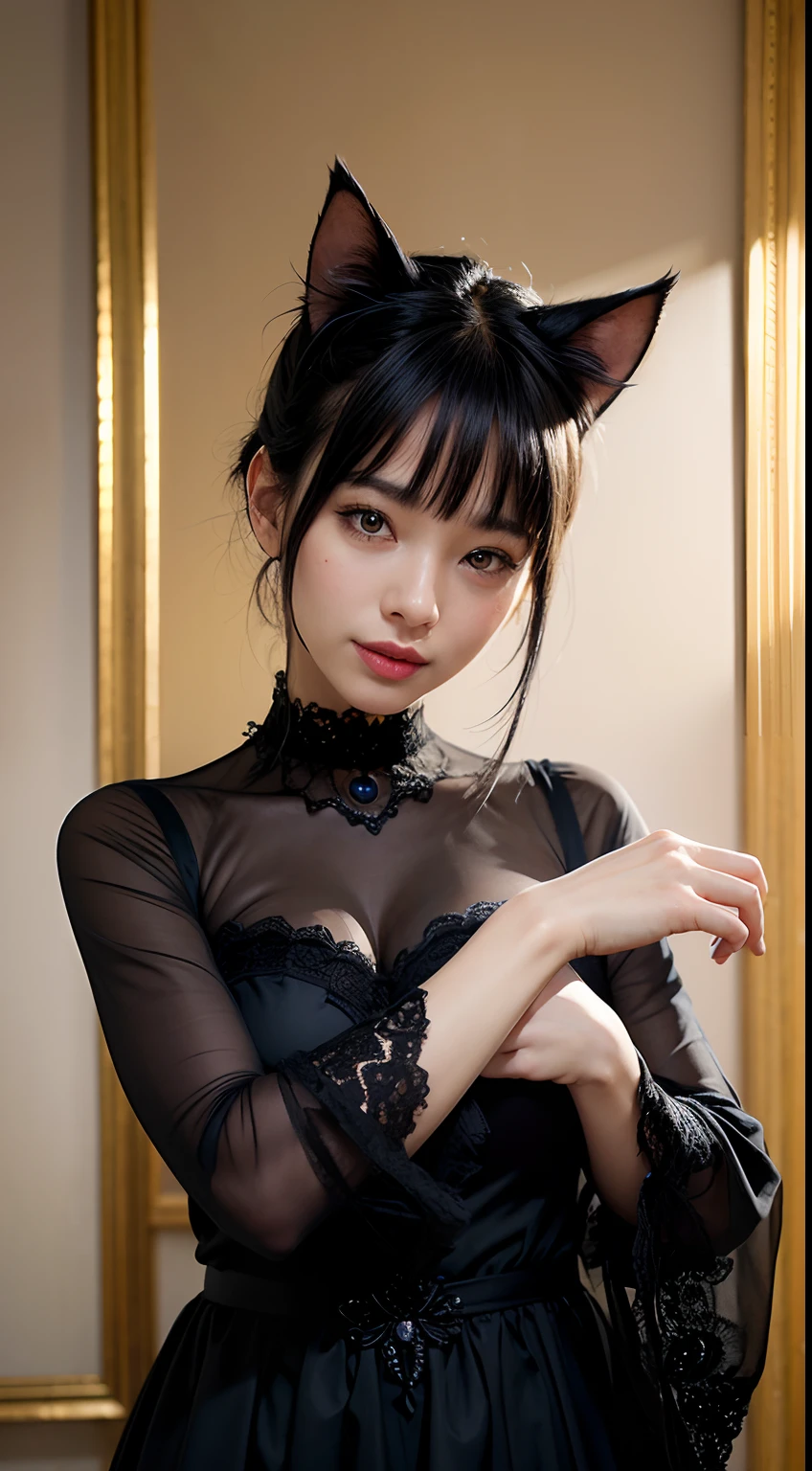 (top-quality, masterpiece, hight resolution), (Realisticity),ciinematic light、softlight、Adult Woman, Black hair, Black Cat Costume, hair adornments, gargantilha, Cat's ears、 Seductive smile,