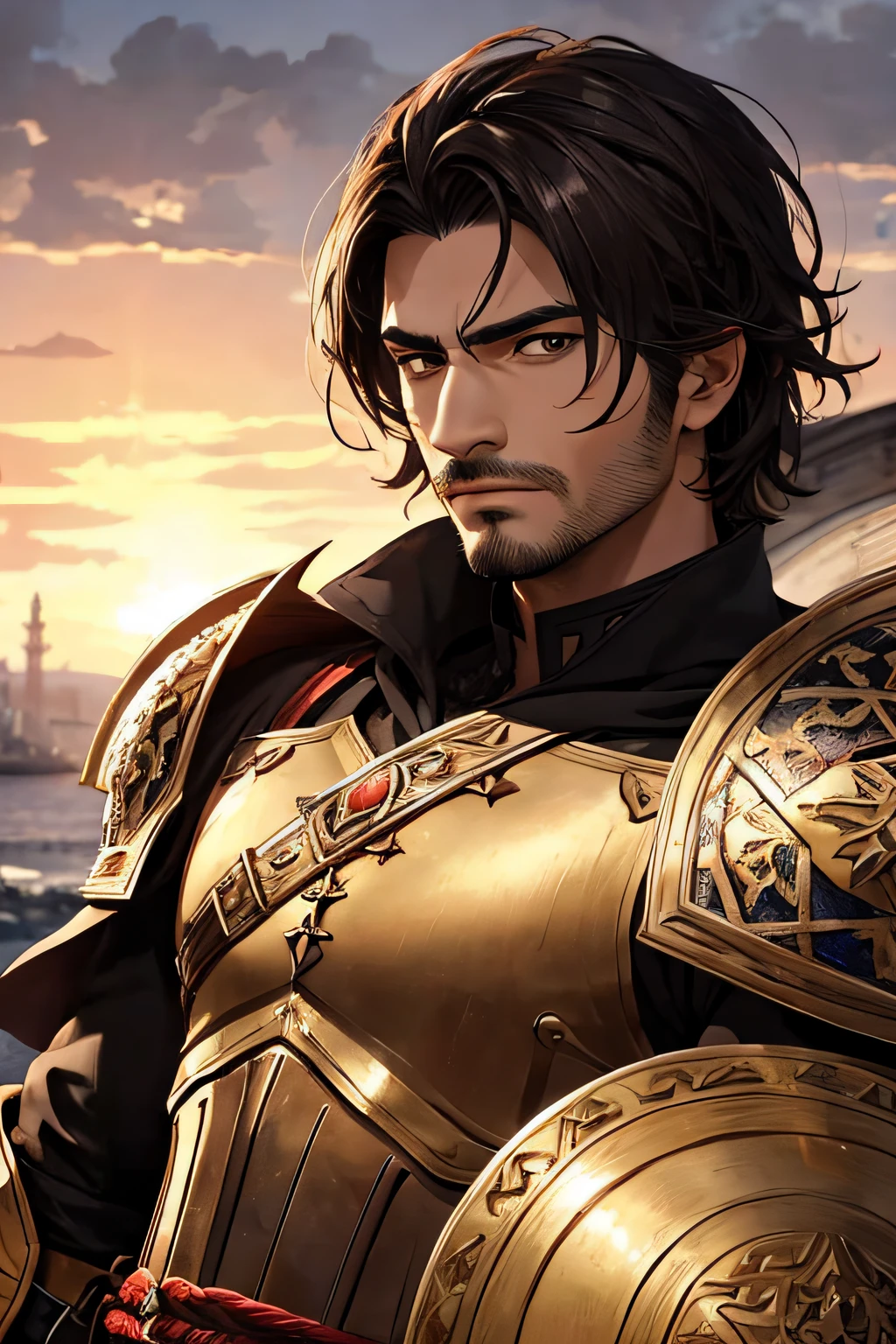 ((ArtStation)), ((Realistic face)), masterpiece, best quality, turkish 1man, ottoman, adult, dark skin, masculine, male focus, 29 year old, strong, powerful, solo, dark hair, strong, no emotions, superior vibe, man, vibrand brown eyes, looking at viewer, angry, High quality metal texture, bangs, high collar,(kbxll:0.6), ottoman background, Highly detailed, shadowverse style, fighting, arab armor, sunset constantinople
