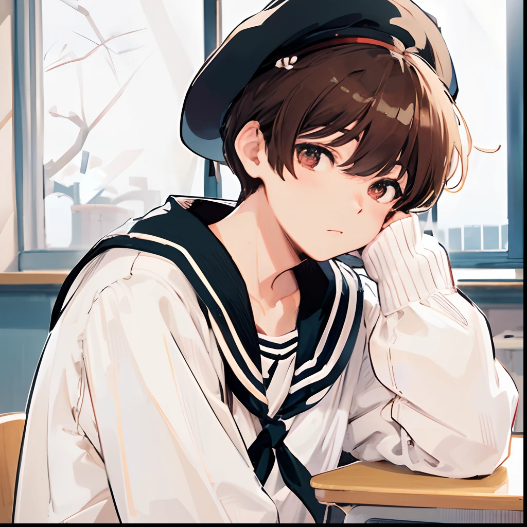 Japanese anime, beautiful boy, boy, black and white sailor suit, large white cardigan, chestnut hair, bowl cut, beret, background is classroom, window,high quality, amount of drawing, pixiv illustration