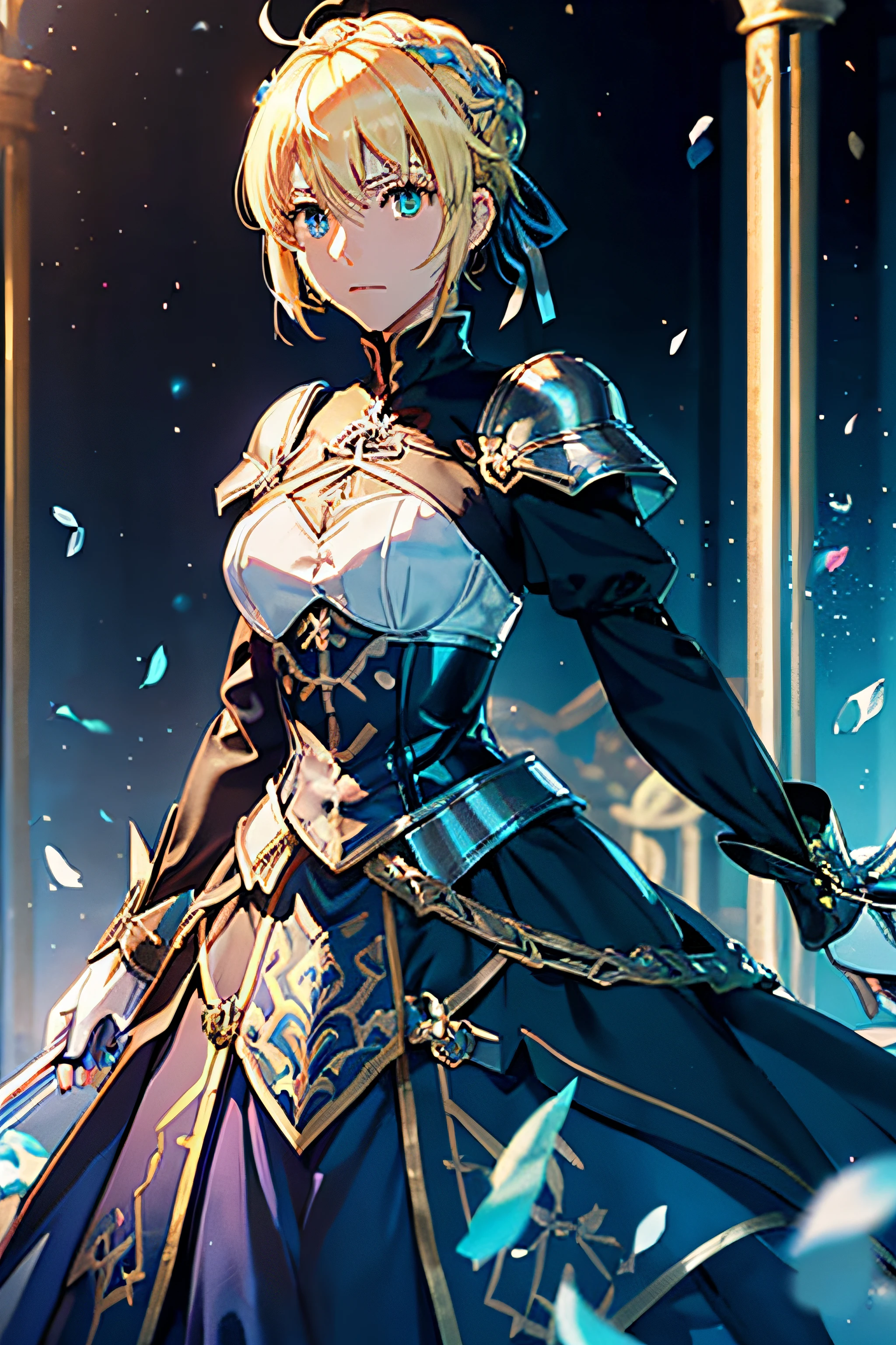 (fate/grand order:1.2), (artoria pendragon \(fate\):1.1), green eyes, (((blonde hair))), ((short hair)), french braid. ahoge, sidelocks, ((blue hair ribbon)), (very long armored dress), gauntlets, puffy long sleeves, ((bloom, shiny, depth of field, blurry background, colorful)), looking at viewer, ((border, outline))