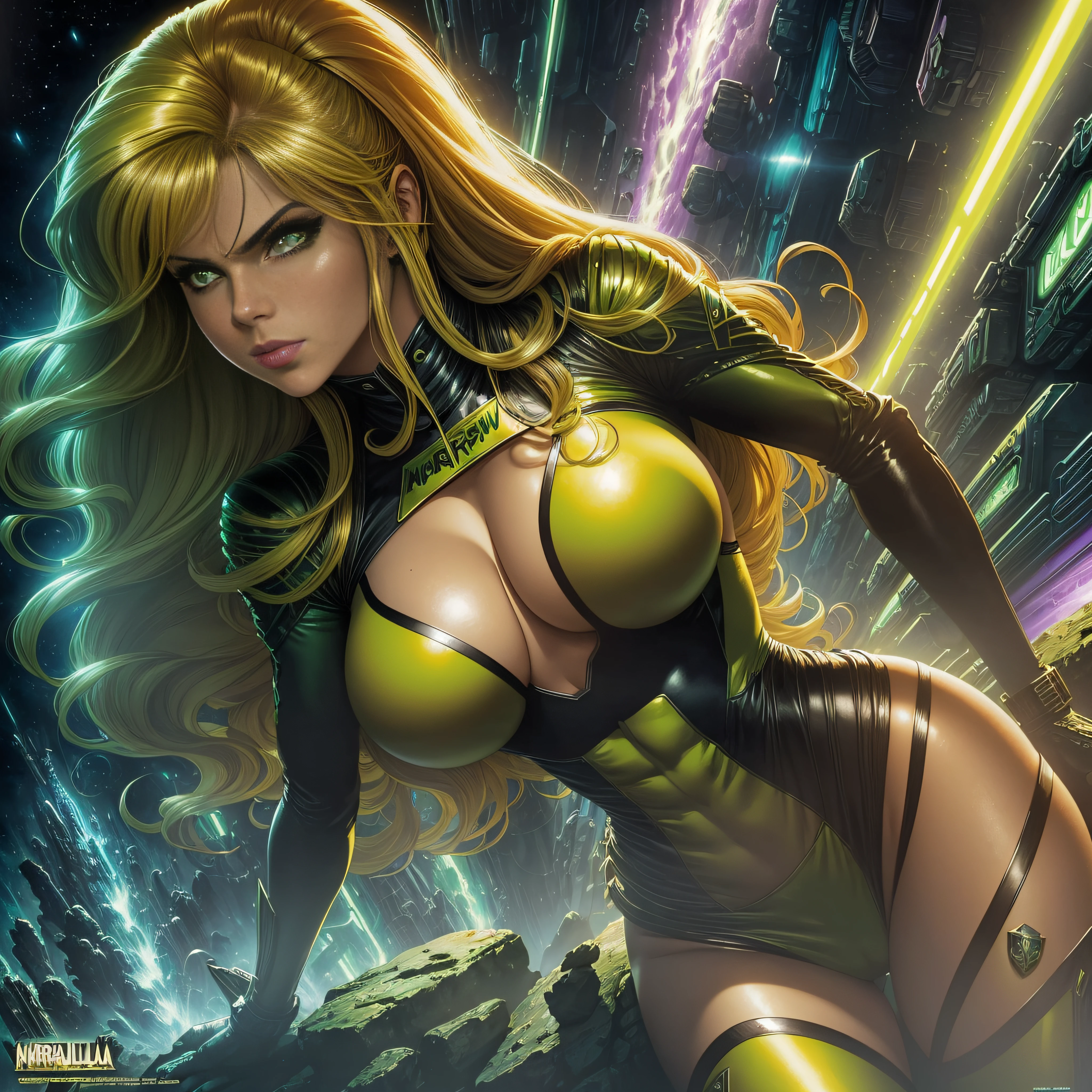 Close up portrait of woman in green and yellow costume, Heavy Metal Comic Cover Art, barbarella, Ash soap, Official art, panoramic widescreen view, Megadeth, Matte coloring, 1970's, syndicate(2012), Psionic, nebulas, Juan Gimenez, 1 9 7 0 seconds --auto