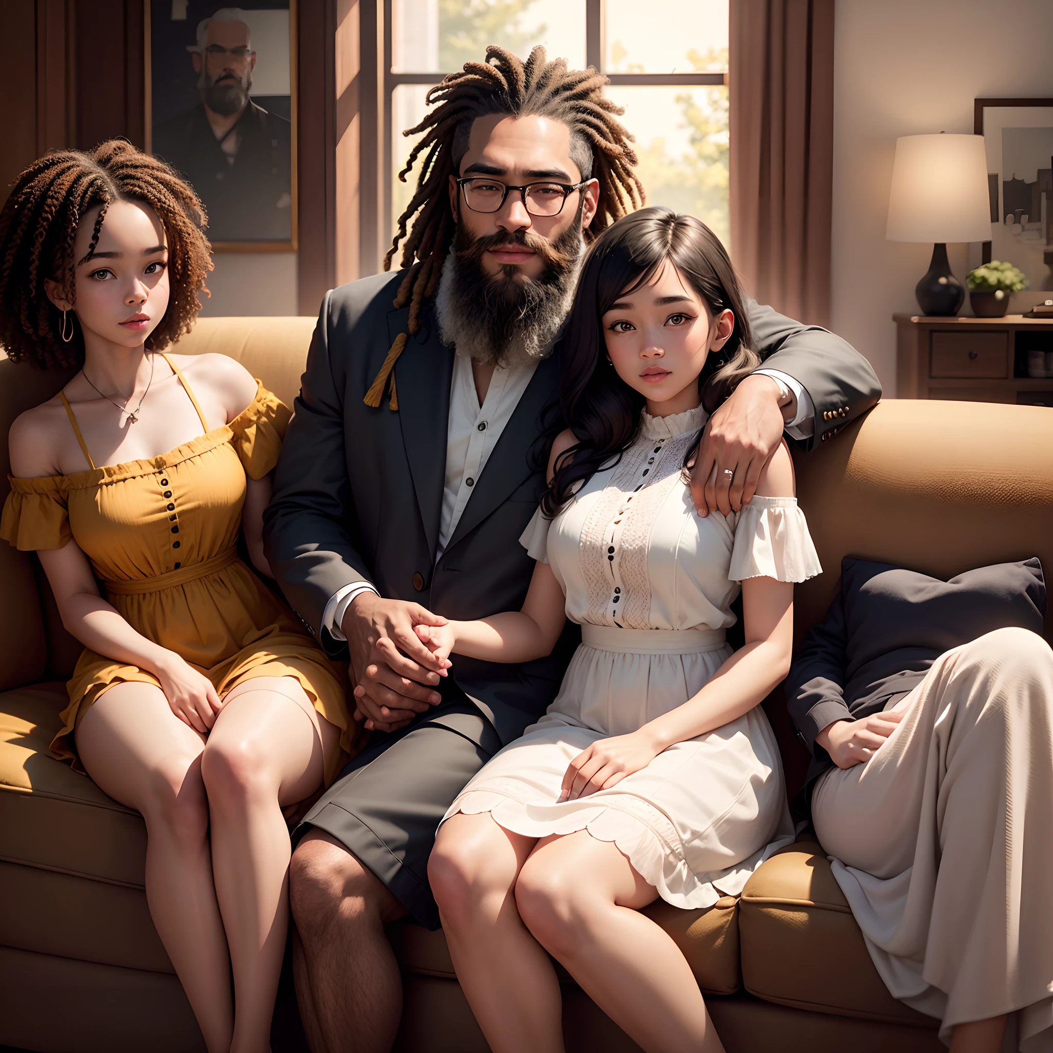 two young biracial sisters sitting next to biracial tall man beard, couch in a living room, happy, detail portrait shot 8k, high quality portrait, shot on sony a 7 iii, 8k portrait render, 8k photo