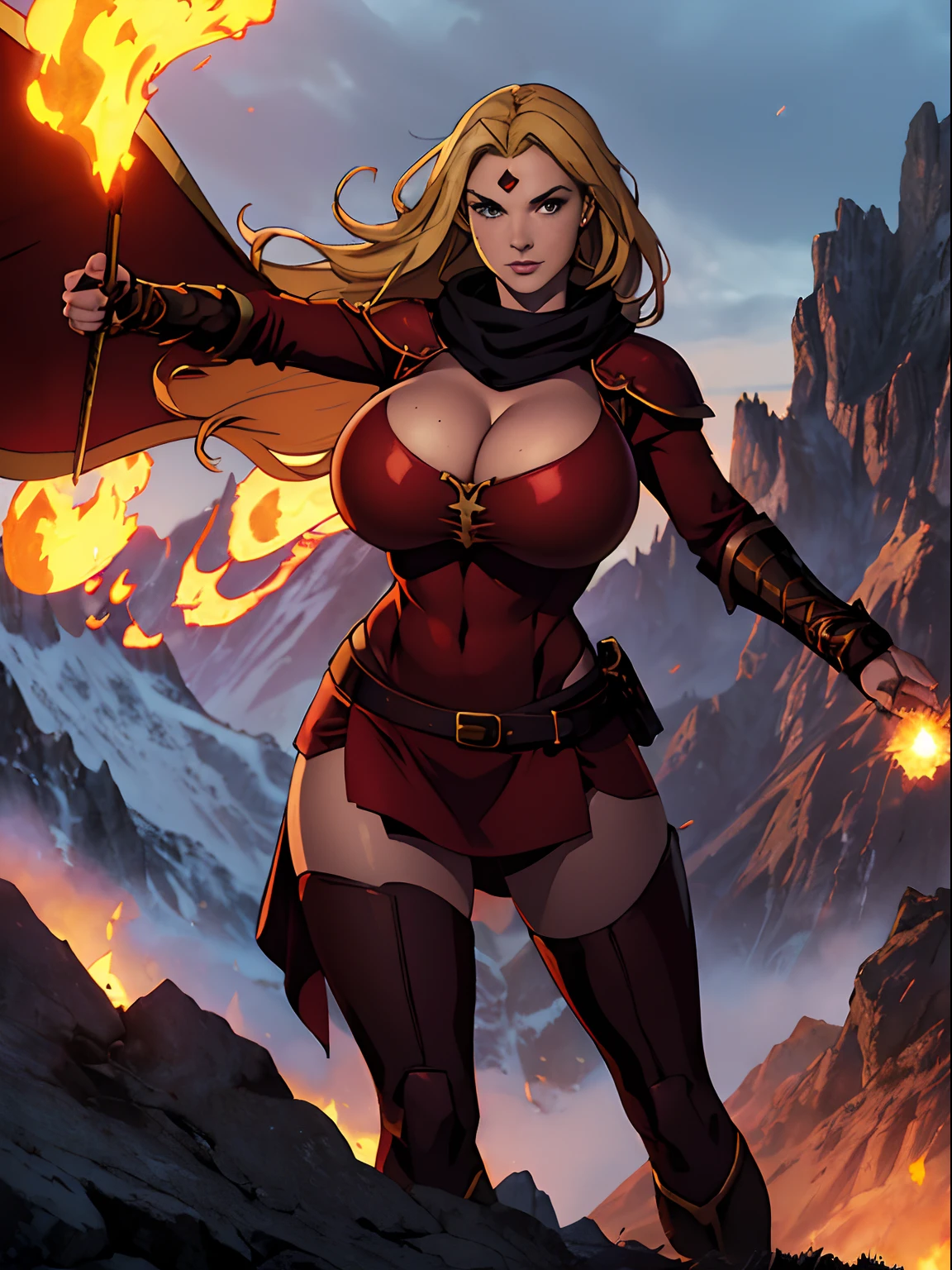 (masterpiece, top quality, best quality, official art, beautiful and aesthetic:1.2), (1girl:1.3), ((long blonde hair)), light freckles, fair skin, extremely detailed, portrait, looking at viewer, solo, (full body:0.6), detailed background, close up, (hot volcanic theme:1.1), fiery mage, charlatan, smirk, mysterious, fiery red hair, flaming hair, flames, casting spells in mountains, skimpy attire, steampunk copper armor, dark red cowl, breastplate, boob armor, crop top, armored crop top, gorget, ((goggles on forehead)), fingerless gloves, loose sleeves, greaves, thigh-high long boots, black skirts, long skirts, tattered skirts, red and black fabric, dark leather, ((((gigantic breasts)))), slim waist, slim hips, long legs, medieval (mountain exterior:1.1) background, dark mysterious lighting, shadows, magical atmosphere, dutch angle,