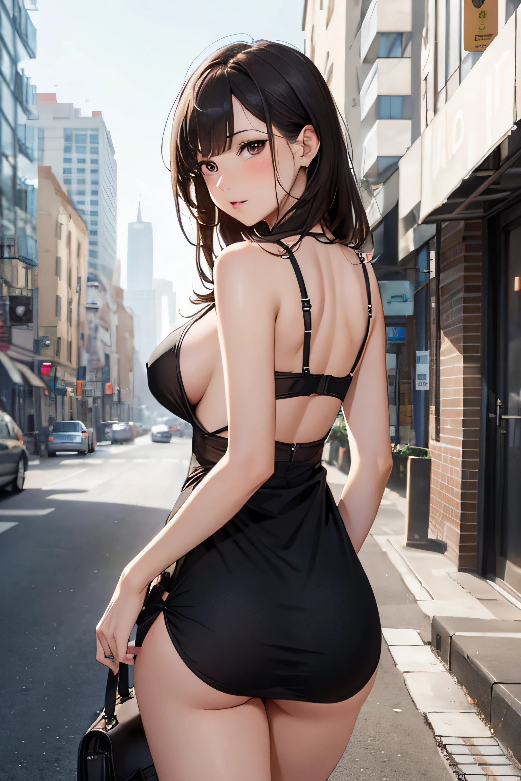 girl in dress seen from behind, ((marked butt)), upskirt, sexy underwear, cityscape, medium breasts, ((detailed face)), blush, ((very detailed)), perfectly detailed face, detailed hand, photorealistic image.