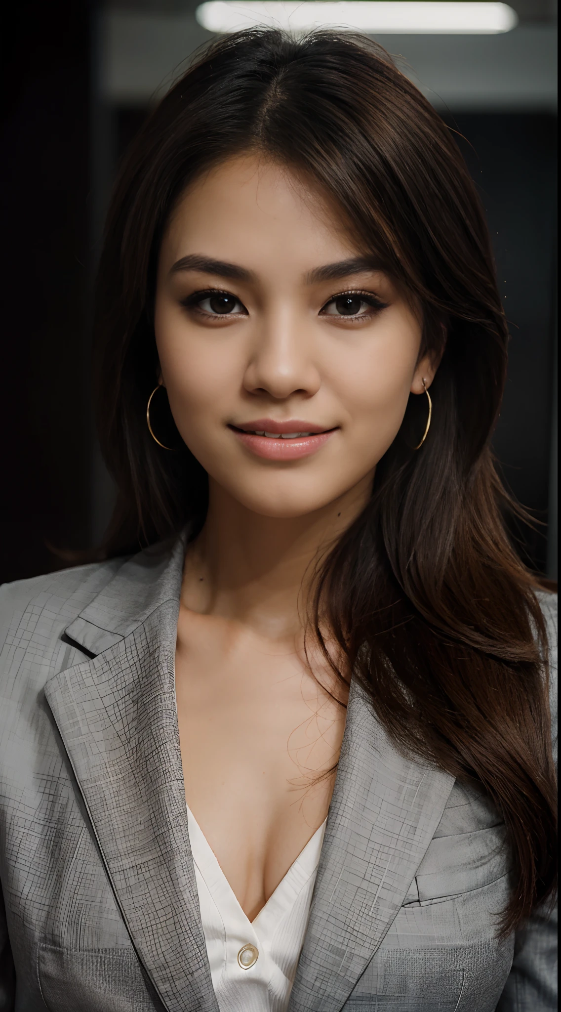 RAW Photo, DSLR BREAK (kkw-ph1:0.9) BREAK portrait of 1 young 20yo woman, brown hair, wearing a business suit, with a business suit on, in a strict suit, wearing stud pearl earrings, perfect eyes, perfect lips, perfect nose, professional color graded, wonderful woman, dark background, filipina, pinay, filipino woman, smiling