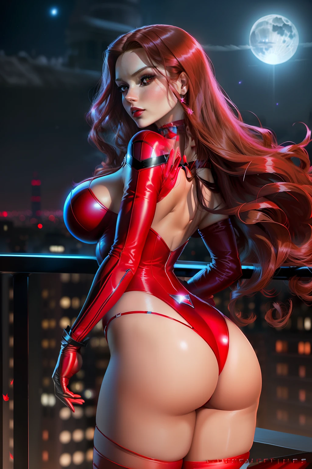 ((Scarlett witch from x-men comic series)) (beautiful face)(glowing eyes)(red lips) ((long brown straight hairstyle))) ((very huge breasts) (perfect slim body) (wears red string body suit, red long stocking))((gloves, choker, tiara)) ((magic hands)) (posing sexy on skycrapper rooftop at night, full moon)) ((Showing backside and ass)) (high definition, amazing lights and shadows) ((masterpiece)) (8k) (perfect face) (best quality) (perfect hands, eyes, and face)((magic power floating around))