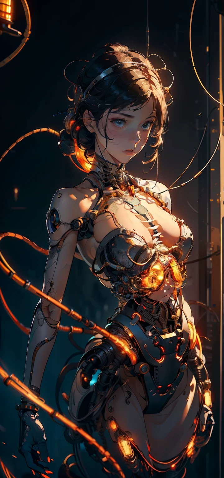 (((masterpiece))), (((best quality))), ((ultra-detailed)), (highly detailed CG illustration), ((an extremely delicate and beautiful)),cinematic light,((1mechanical girl)),solo,(cowboy shot:1.2),(machine made joints:1.2),((machanical limbs)),(blood vessels connected to tubes),(mechanical vertebra attaching to back),((mechanical cervial attaching to neck)),expressionless,(wires and cables attaching to neck:1.2),(wires and cables on head:1.2),(character focus),science fiction,extreme detailed,colorful,highest detailed, loongs,fengs,background,