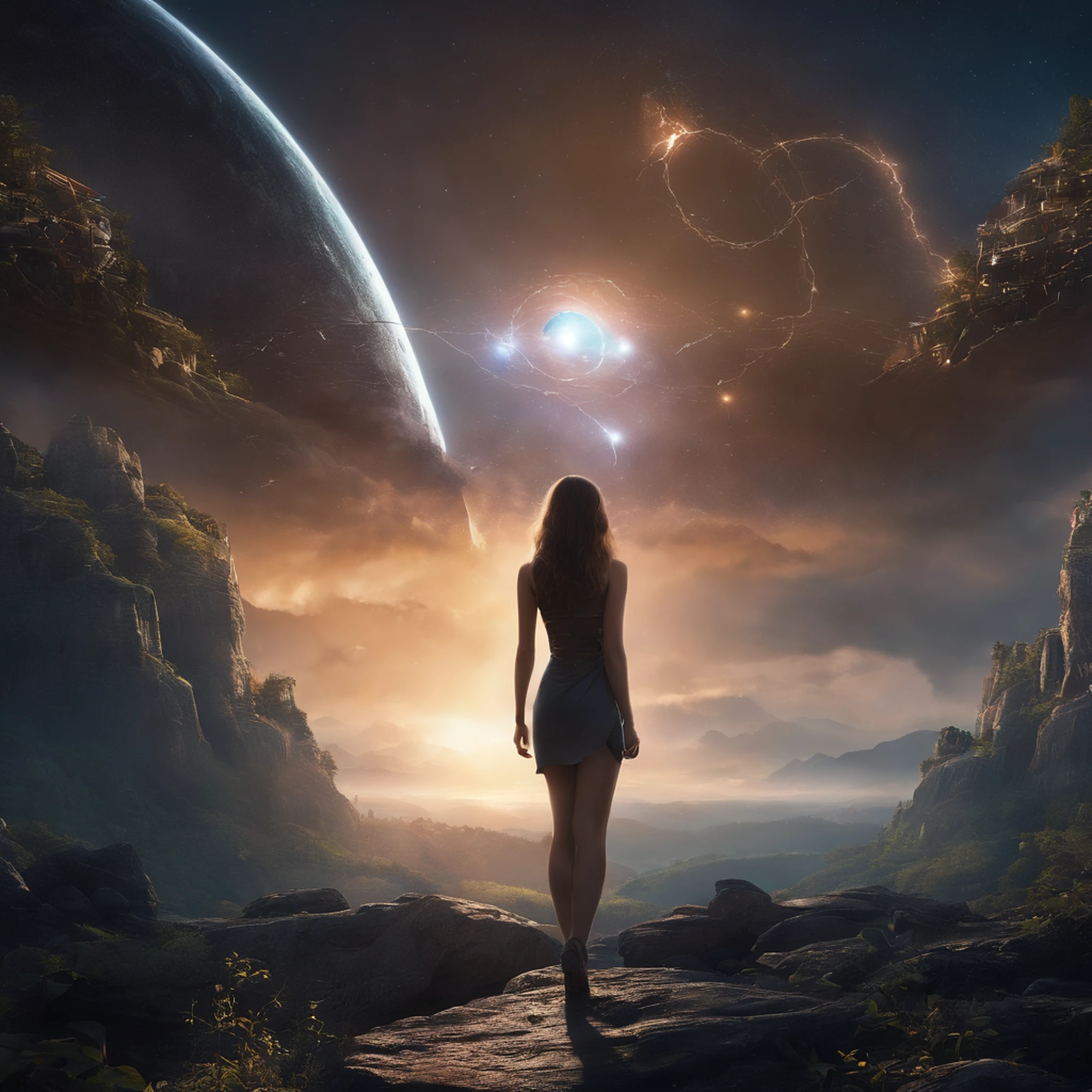 (((Epic Landscapes)))、field, Distant stars in the dark sky, Huge platform in the foreground, High-tech spacecraft, Fantastically beautiful girl, Beyond Sky Fi, Nice young face, Perhaps develop hair, Beautiful figure, Many details, Lightning. fastener, Device fasteners, wires. Correct anatomy, correct facial features, BodyProportions, big expressive eyes. Love for the whole universe. A masterpiece that is not an earthly creation, Elements of cyberpunk, Robot Combat, turret , Technology. Extraterrestrial civilizations. Love at first sight.