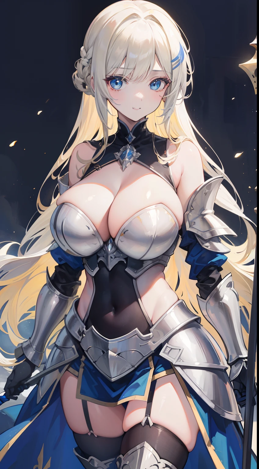 a beauty girl,cabellos largos dorados,blonde with blue eyes,(ssmile),European medieval castles,palaces,Wear gorgeous armor,(Silver armor),Armor,(holding a long spear),huge spear,Shoulder pads,Armour,chest plate,Leg nails,(Royal Knights),(huge tit),(black lence stockings),((Pubic bone)),(Defeat),((Broken armor)),((Damaged clothes)),cleavage
