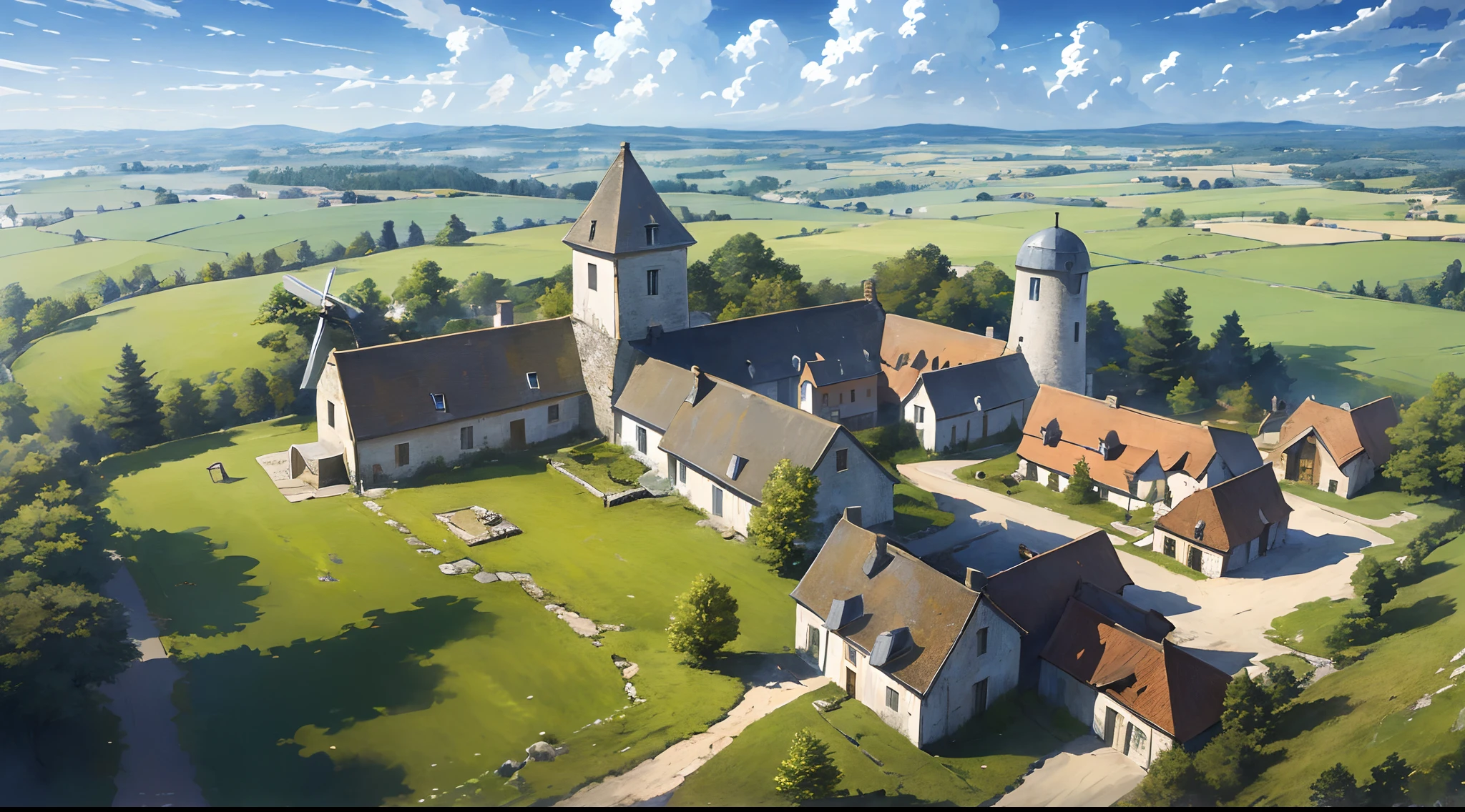 ((masterpiece)),((best quality)),((high detail)),((realistic,)) ((ultra detailed)) landscape of a small medieval town, 1windmill, aeria view, beautiful sky, deformed clouds, pine trees.