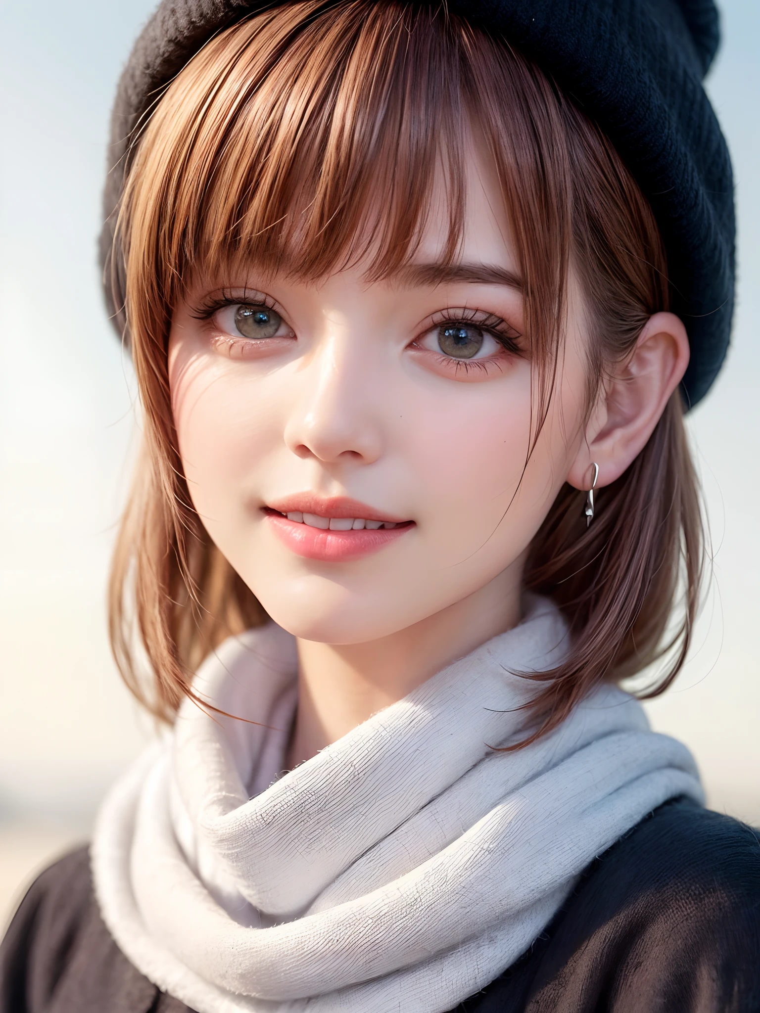 (masterpiece, top-quality、Very attractive adult beauty、Add intense highlights to the eyes),1girl in, 独奏, A dark-haired, scarf, Hats,, realisitic, looking at the viewers, black eyes of light color, shorth hair, coat, Winter clothes, White headscarf, s lips, lipgloss,bangss, The upper part of the body、big eye、Lashes)、((Road system in Italy))、((Shorthair with bangs、big eye、Put very strong highlights in your students、very Bigger breasts、gazing at viewer、Very beautiful beauty、Put your ears out、long neck、little smiling、Beautiful teeth、Open your mouth and smile))、28 year old、Very cute supermodel
