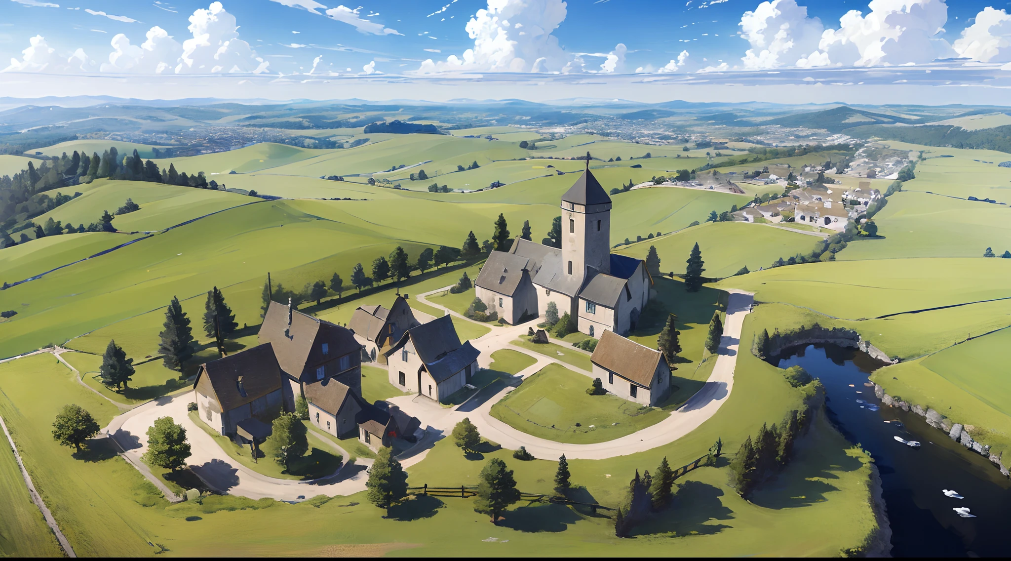 ((masterpiece)),((best quality)),((high detail)),((realistic,)) ((ultra detailed)) landscape of a small medieval town, 1windmill, aeria view, beautiful sky, deformed clouds, pine trees.