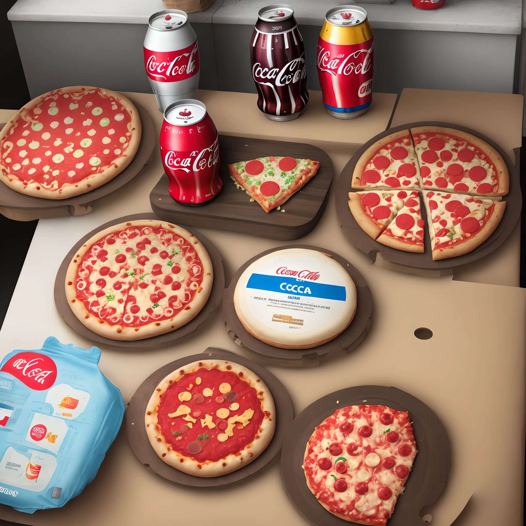 Frozen pizzas and coca cola