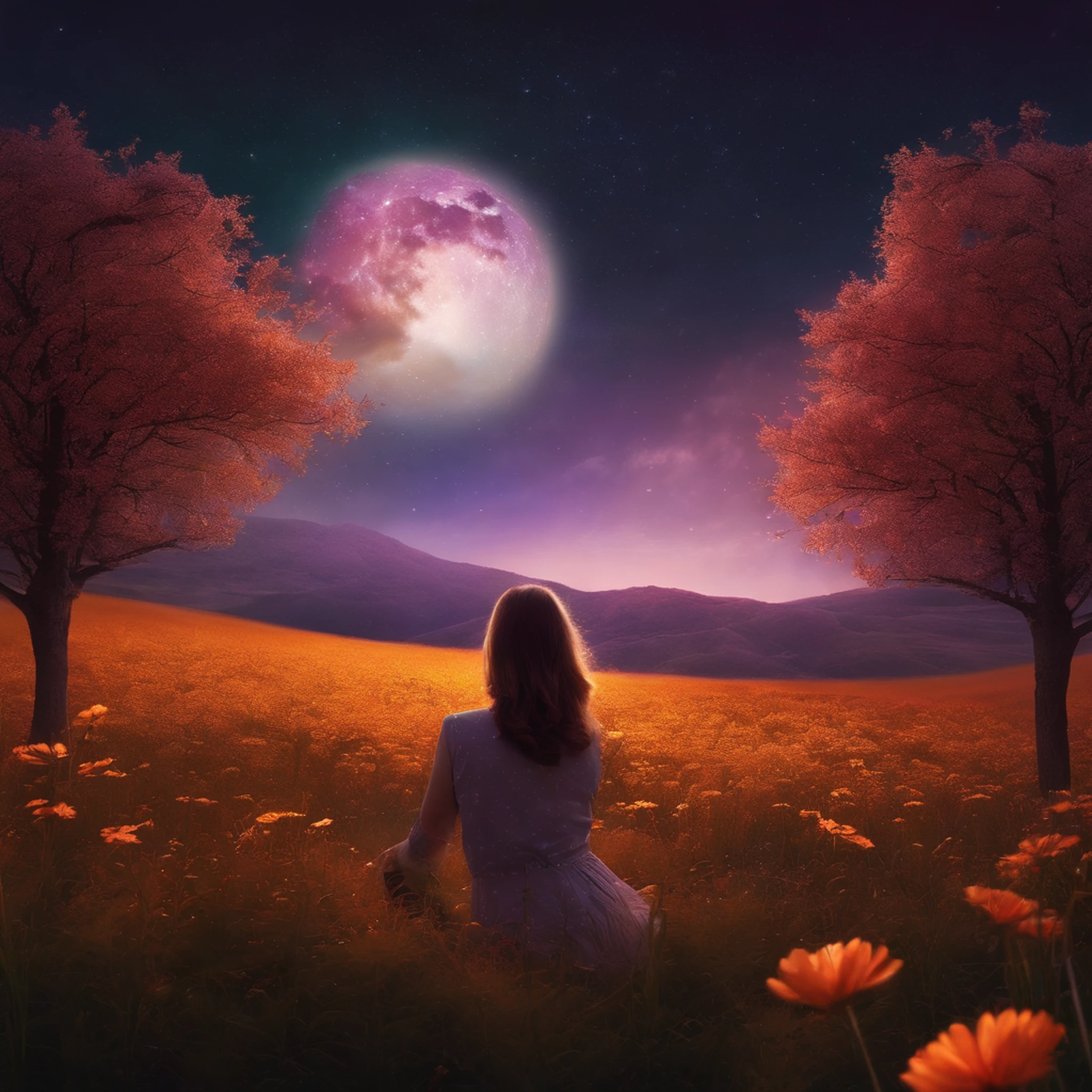 ((1girl in)), Vast landscape photos, (From below, Upper air, open fields below), Boy standing in a flower field and looking up, (fullmoon: 1.2), (Meteor: 0.9), (nebulas: 1.3), mountain in the distance, Tree BREAK making art, (Warm light source: 1.2), (firefly: 1.2), abajour, lot of purple and orange, Intricate details, Volumetric Lighting BREAK (masutepiece: 1.2), (Best Quality), 4K, ultra-detailliert, (dynamic compositions: 1.4), Detailed, Colorful, (iridescent: 1.2), (Glow, Atmospheric lighting), Dreamy, Fantastic, (Solo: 1.2)