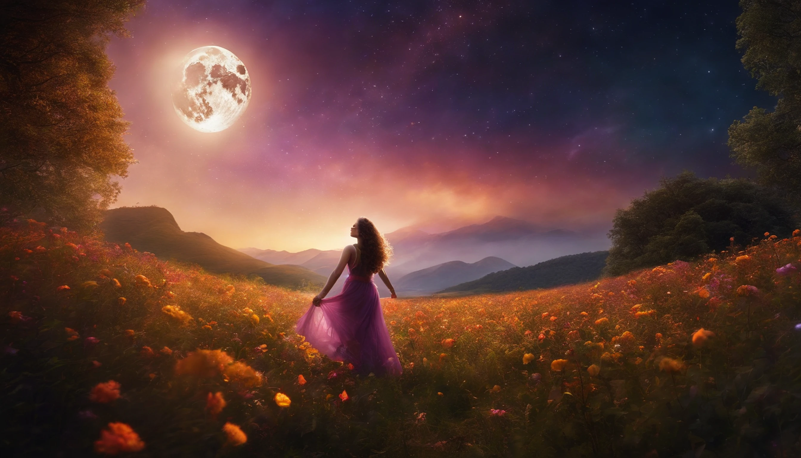 A wide landscape photo, (viewed from below, the sky is above, and the open field is below), a girl standing on a flower field looking up, (full moon: 1.2), (meteor: 0.9), (nebula: 1.3), distant mountains , Trees BREAK Crafting Art, (Warm Light: 1.2), (Firefly: 1.2), Lights, Lots of Purple and Orange, Intricate Details, Volumetric Lighting BREAK (Masterpiece: 1.2), (Best Quality), 4k, Ultra Detailed, (Dynamic Composition: 1.4), Rich in Detail and Color, (Rainbow Color: 1.2), (Glow, Atmospheric Lighting), Dreamy, Magical, (Solo: 1.2)