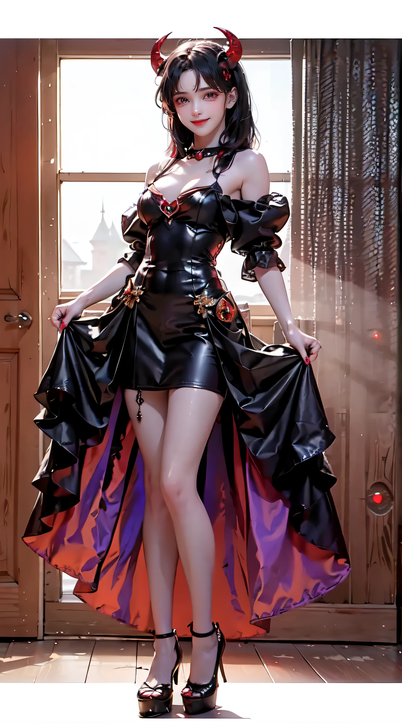 masterpiece, top-quality, top-quality, Beautifully Aesthetic:1.2, 1girl, Halloween night, Wearing a devil costume, high detailed, ((Red eyes:1.8)), Standing with seductive pose that sticking out breasts, in the Halloween party venue, (Full body shot:1.1),