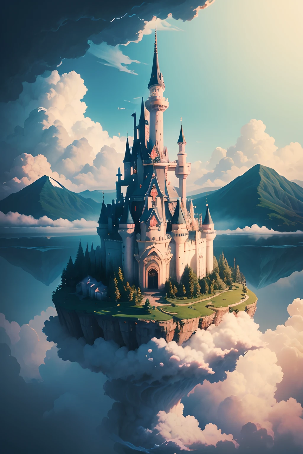 Illustration of the Cloud Kingdom hidden among the clouds, featuring floating castles, enchanted forests, and magical mountains.
Parameters: --s 750 --ar 9:16 --style cute