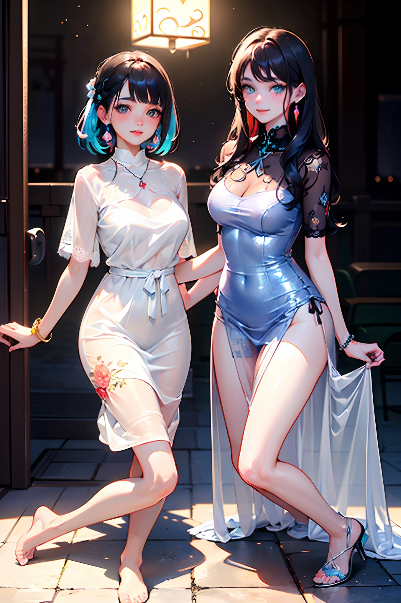 (mutiple girls:1.3),(two girls:1.4,kneeling),8k, masterpiece, RAW photograph:1.4, best quality, photorealistic, extremely detailed CG unity 8k wallpaper, Depth of field, Cinematic Light, Lens Flare, Ray tracing, (extremely beautiful face, beautiful lips, beautiful eyes), intricate detail face, ((ultra detailed skin)) 2girls, in the dark, deep shadow, pretty Asian girl, idol, ((looking at viewer)),(big smile:1.3), (cityscape, blurry background), (dim lights, rooftops, veranda), pretty girls, earrings, bracelets, necklace, clear eyes, walking , front shot, (pale skin), faces forward, (big eyes), ((full body shot)), ((silk Laced)), ((see-through colorful embroidery pattern sleep gown:1.3)), (brown hairs) (looking at viewer:1.3), (laced panty), have a sheen , (See through,sleeping gown :1.3,embroidery), veranda