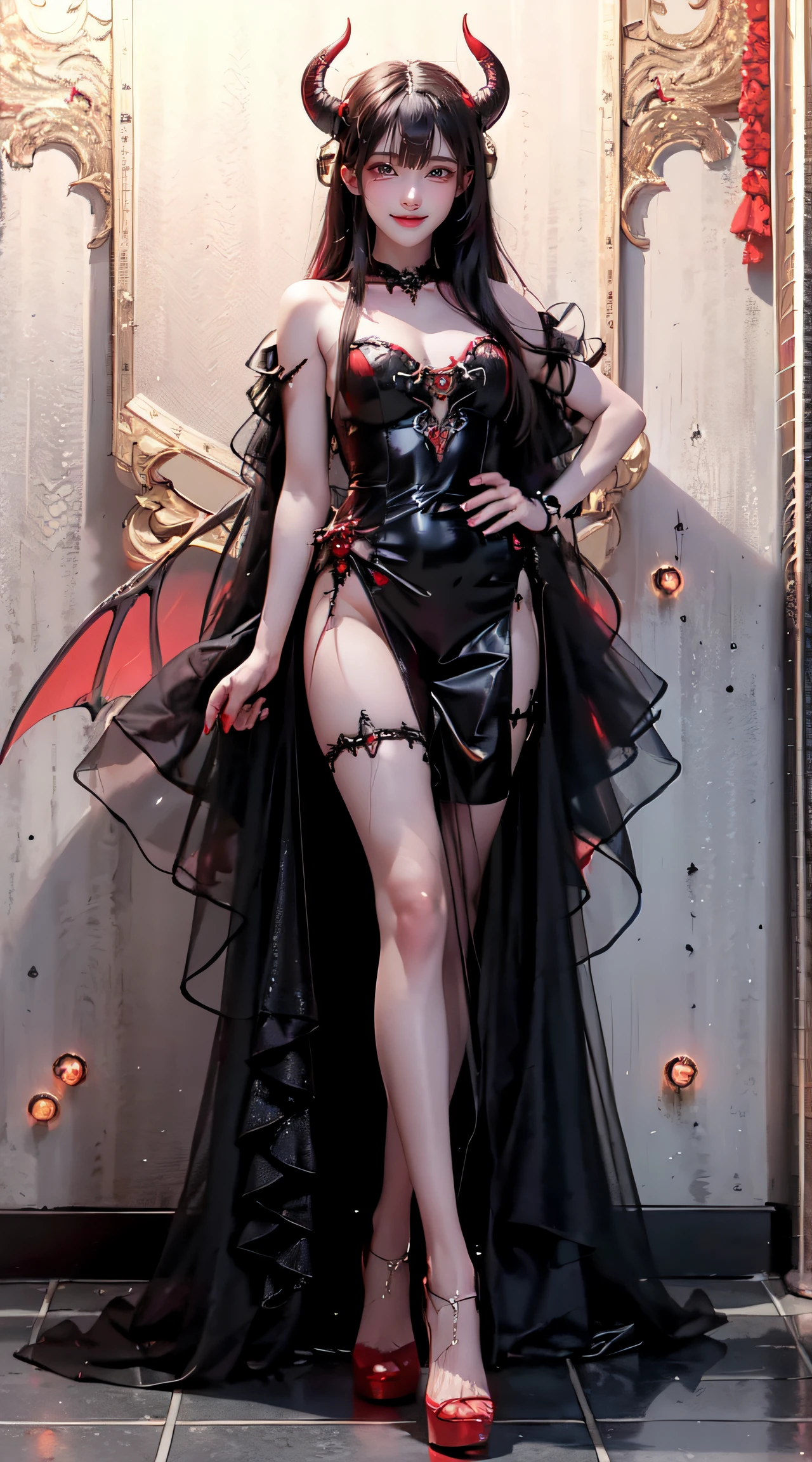 Master painting, 8K picture quality, master painting, 8K picture quality, small chest, demon wings, delicate eye portrayal, delicate facial features portrayal, delicate body portrayal, delicate makeup depiction, red leather coat, black long hair, slender body, open chest, long legs, ((exposed)) ((injured)) full of blood, looming, gorgeous jewelry, chest