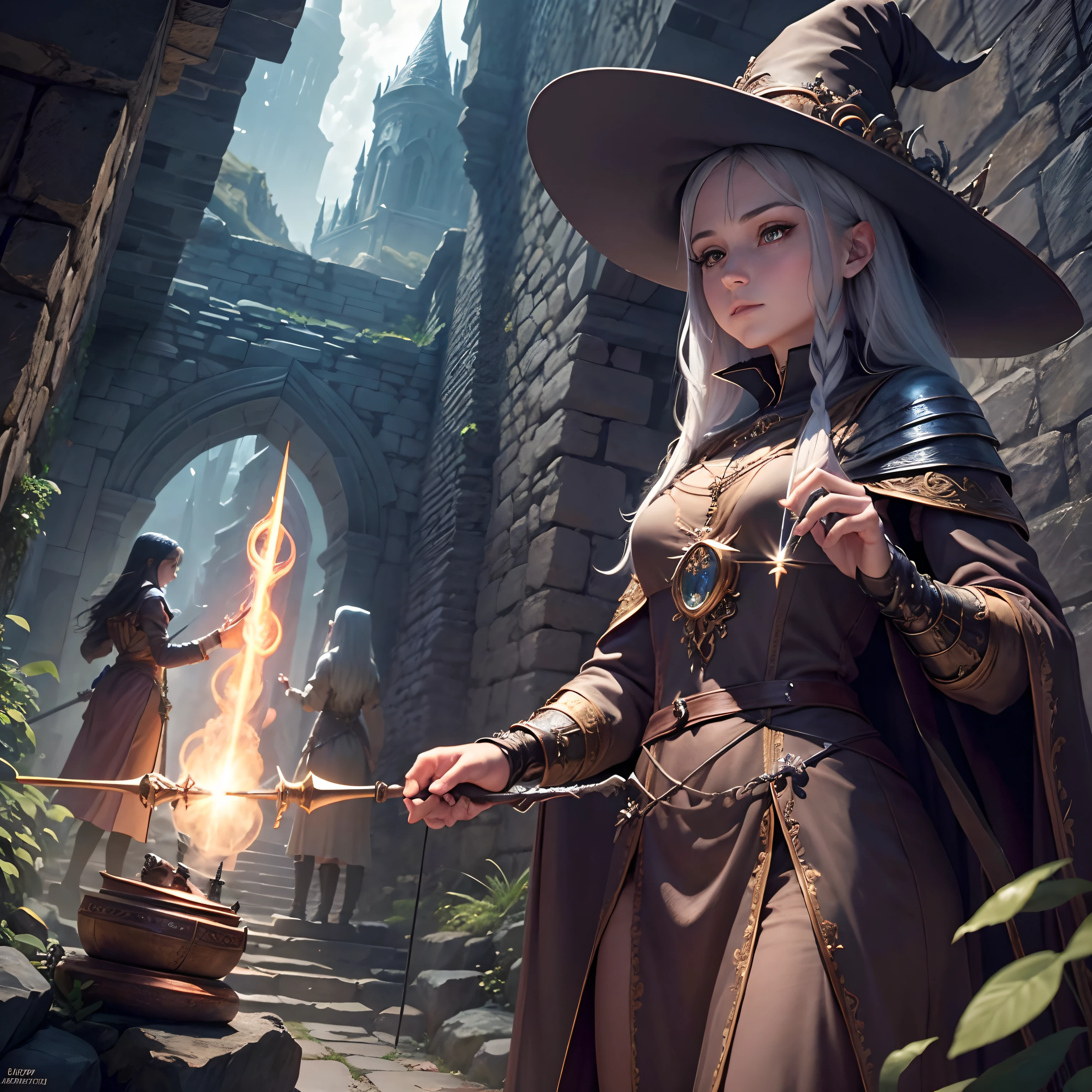 (Ultra detailed, detailed hands , detailed fingers , ultra realstic) The setting is in a mystical fantasy world , A wizard and a witch venturing into into a dungeon with their wands and weapons ready and armed