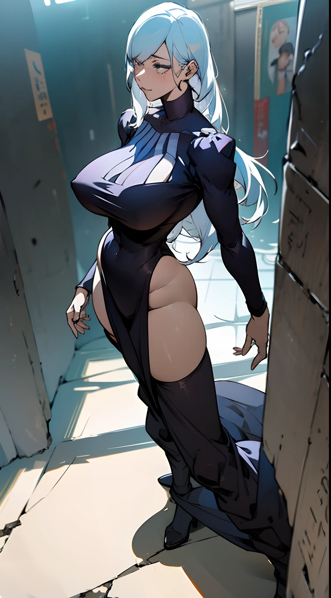 Mei mei from Jujutsu kaisen, 1 girl, huge breasts, big booty, huge ass, sexy, wearing black clothes, white hair, detailed face, standing on a destroyed City,