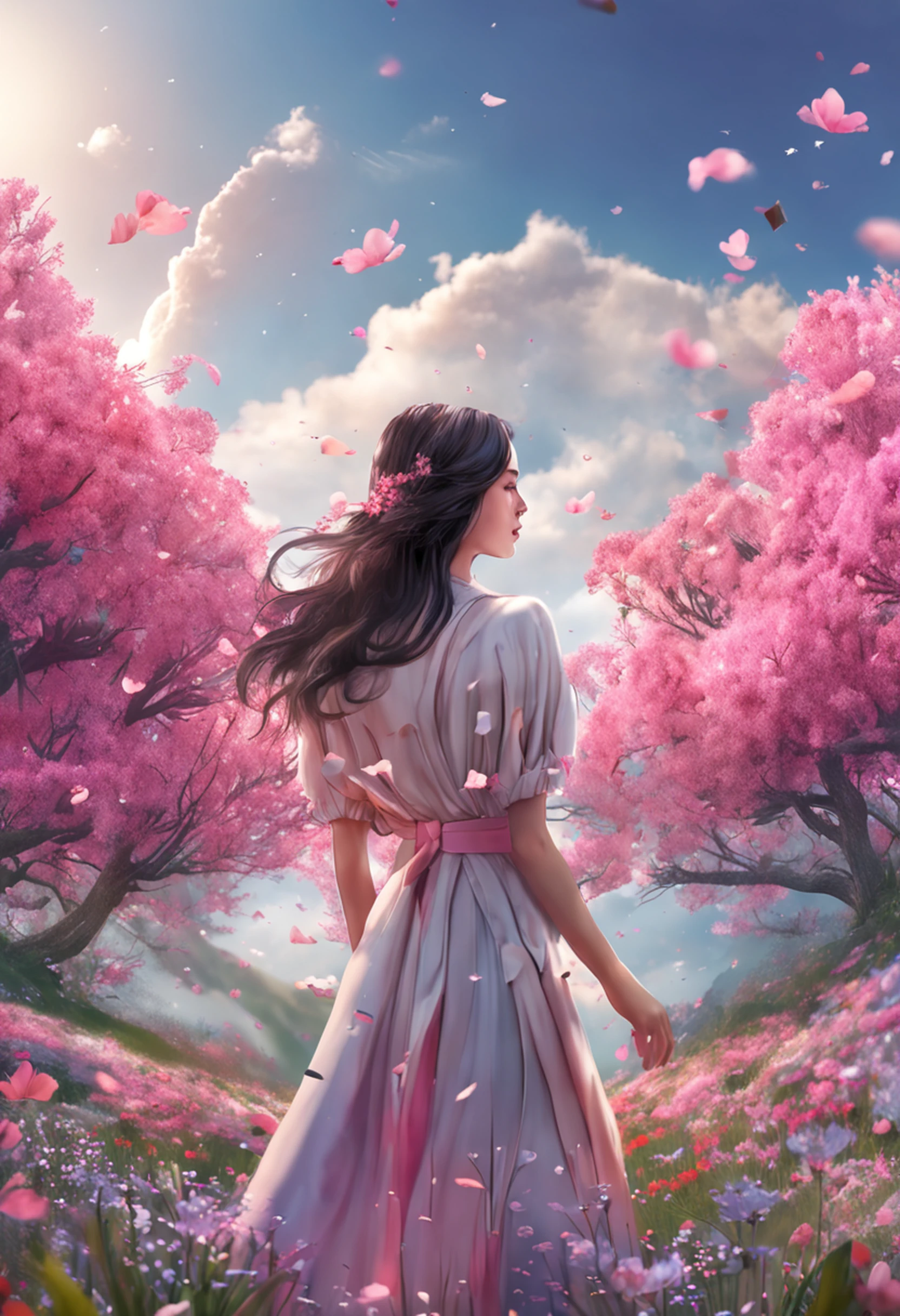 1girl, solo, (flower field:1.2), blossom, clouds and mountains ,(official art, unity 8k wallpaper, ultra detailed, beautiful and aesthetic, masterpiece ,best quality:1.3), ( dynamic angle, pastel tones:1.2), (floating colorful sparkles:1.1) , white dress, elegant, vivid colours, ultra-detailed face, detailed eyes, shiny skin, lustrous lips ,