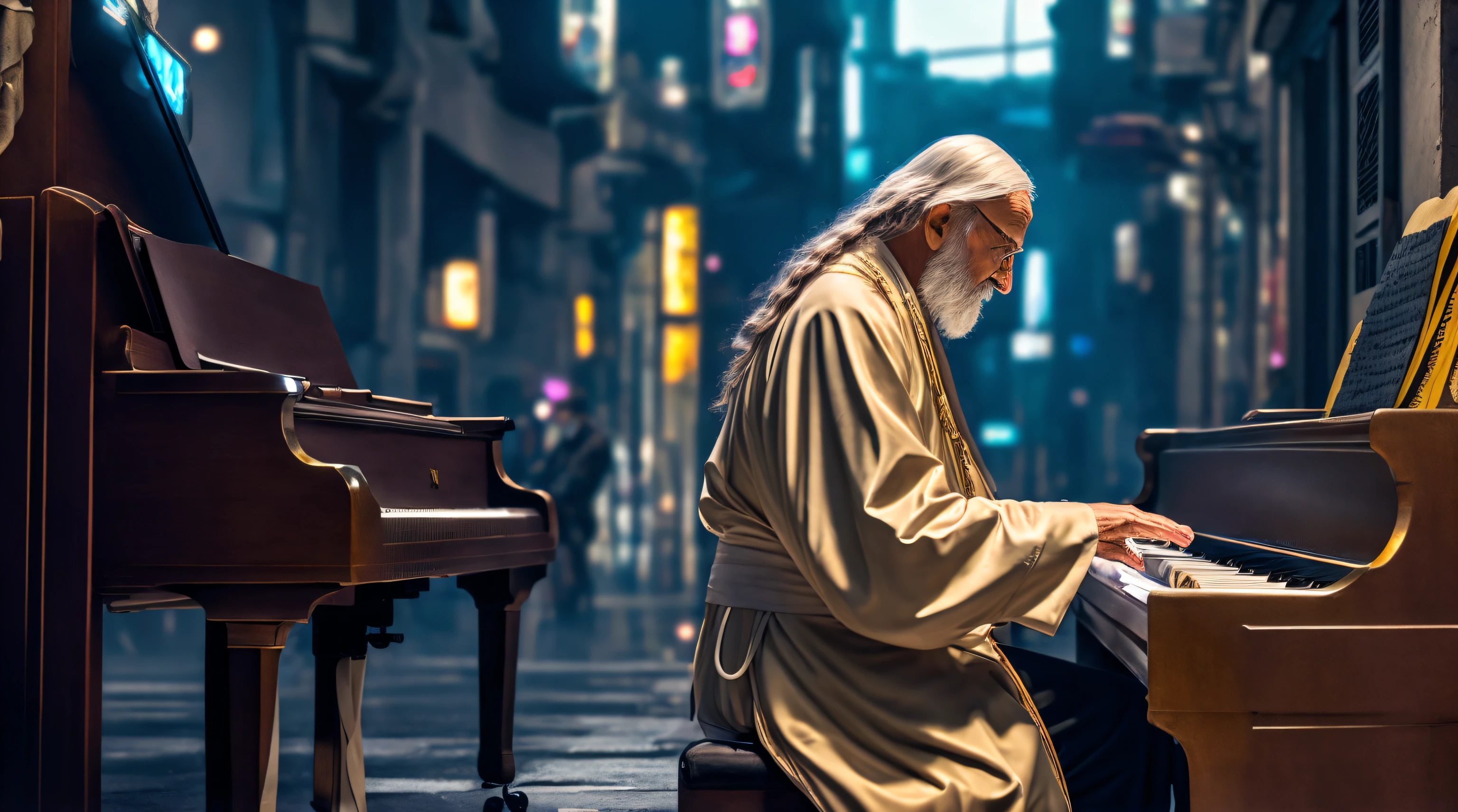 long-haired old man in priest's robe, playing the piano on a cyberpunk street