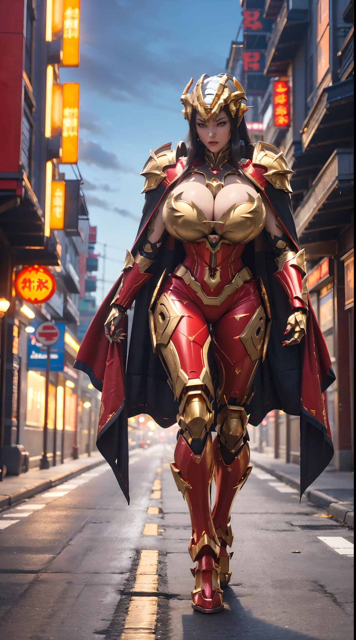 1GIRL, SOLO, ssmile, (ponytail hair, Dragon queen, helmet), (HUGE FAKE BOOBS:1.3), (red, black, gold, FUTURISTIC DRAGON MECHA ARMOR SUIT, ROYAL CAPE, CLEAVAGE:1.5), (SKINTIGHT YOGA PANTS, HIGH HEELS:1.2), (NSFW GLAMOROUS BODY, SEXY LONG LEGS, FULL BODY:1.3), (FROM FRONT, LOOKING AT VIEWER:1), (WALKING DOWN ON STREET NIGHT CITY:1.3), PHYSICALLY-BASED RENDERING, ULTRA HIGHT DEFINITION, 8K, 1080P.