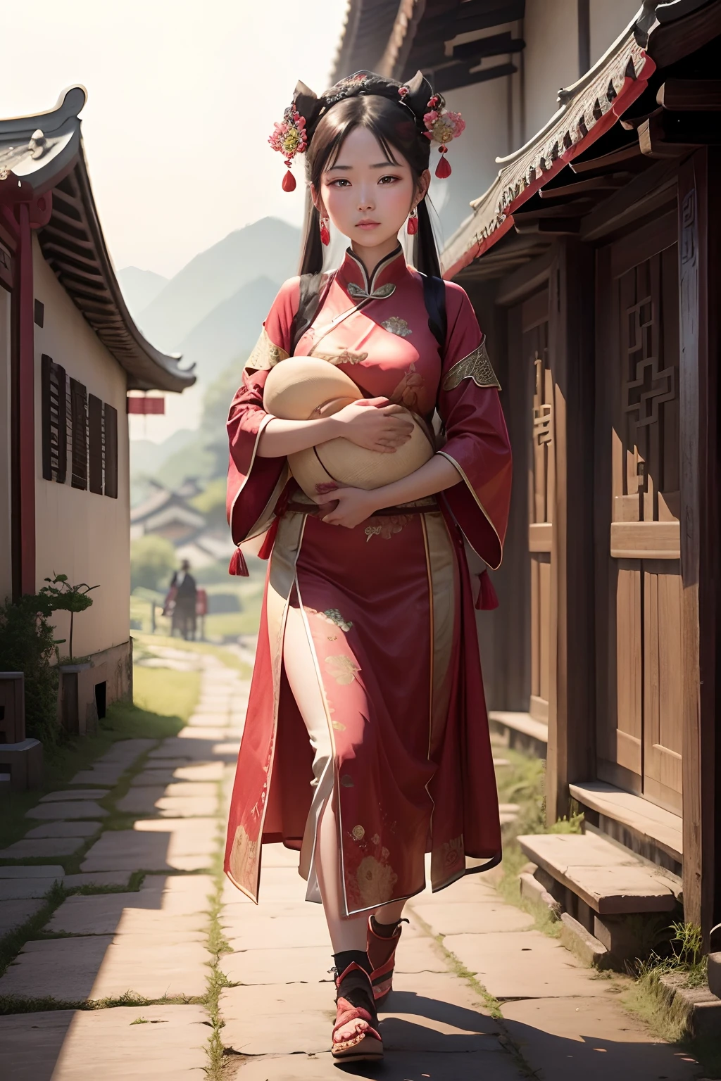Ancient Chinese beauties walk in the countryside with baggage in their arms