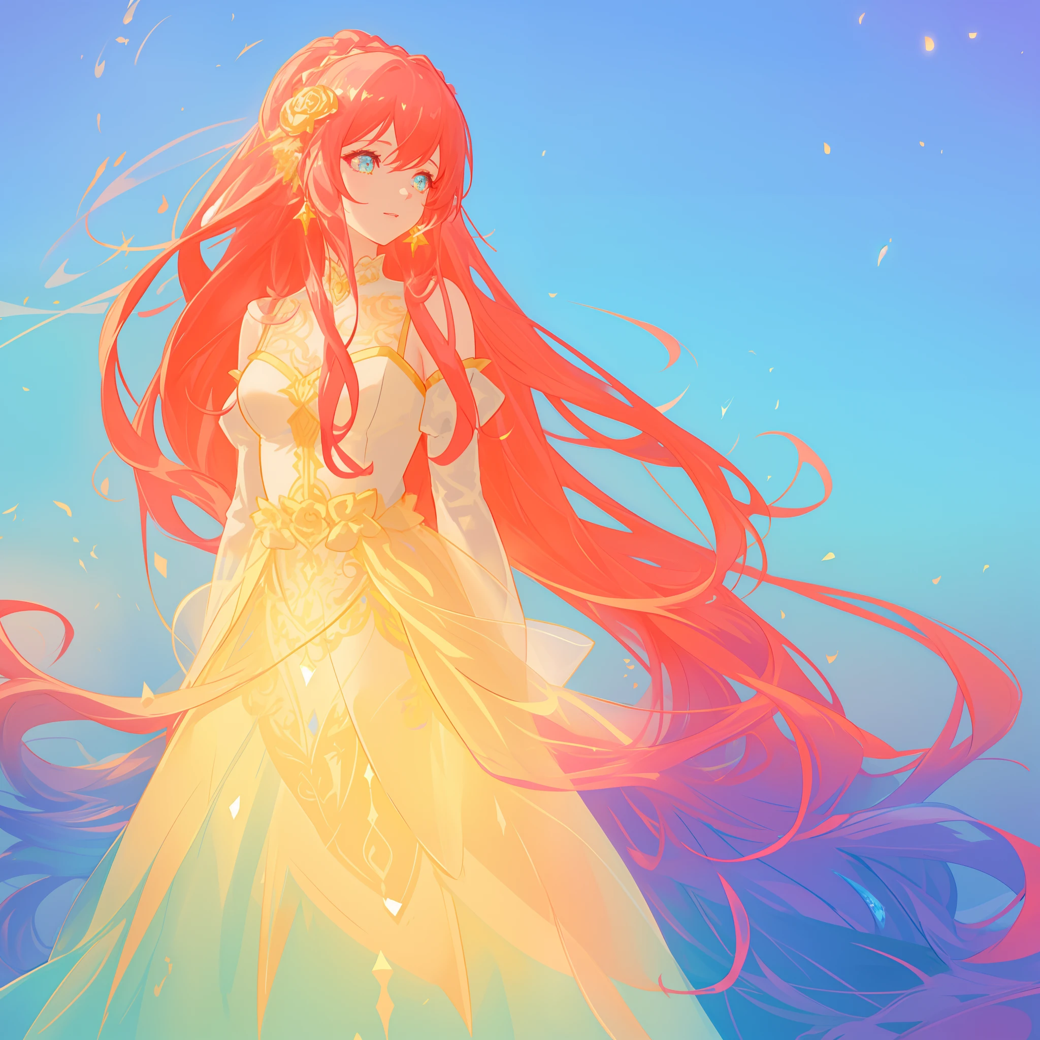 beautiful girl, puffy tiered ballgown with puffy long sleeves, vibrant pastel colors, (colorful), glowing golden long hair, magical lights, sparkling magical liquid, inspired by Glen Keane, inspired by Lois van Baarle, disney art style, by Lois van Baarle, glowing aura around her, by Glen Keane, jen bartel, glowing lights! digital painting, flowing glowing hair, glowing flowing hair, beautiful digital illustration, fantasia background, whimsical, magical, fantasy, ((beautiful face)), ((masterpiece, best quality)), intricate details, highly detailed, sharp focus, 8k resolution, sparkling detailed eyes, liquid watercolor