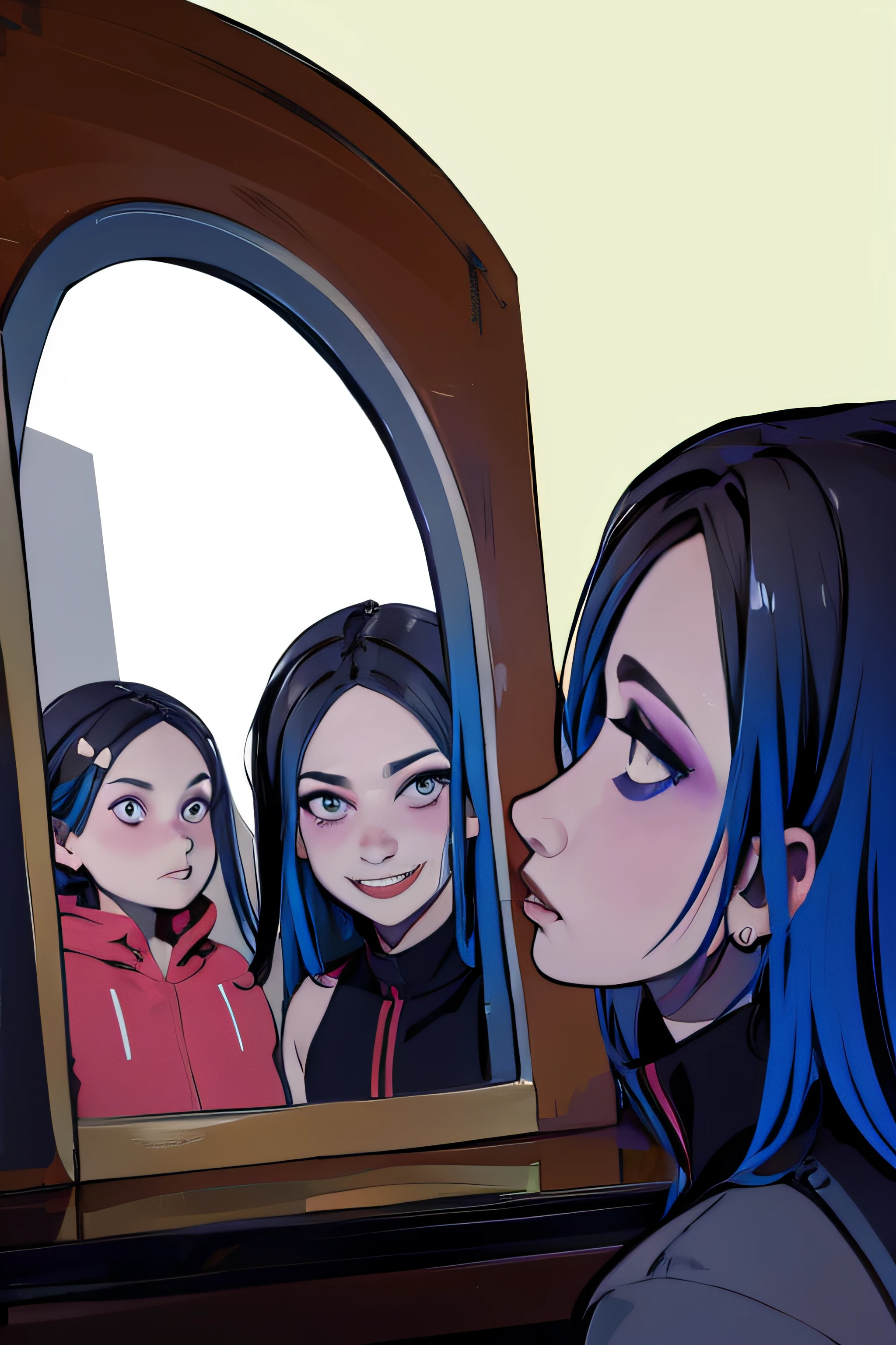 making different expression at mirror, surreal background