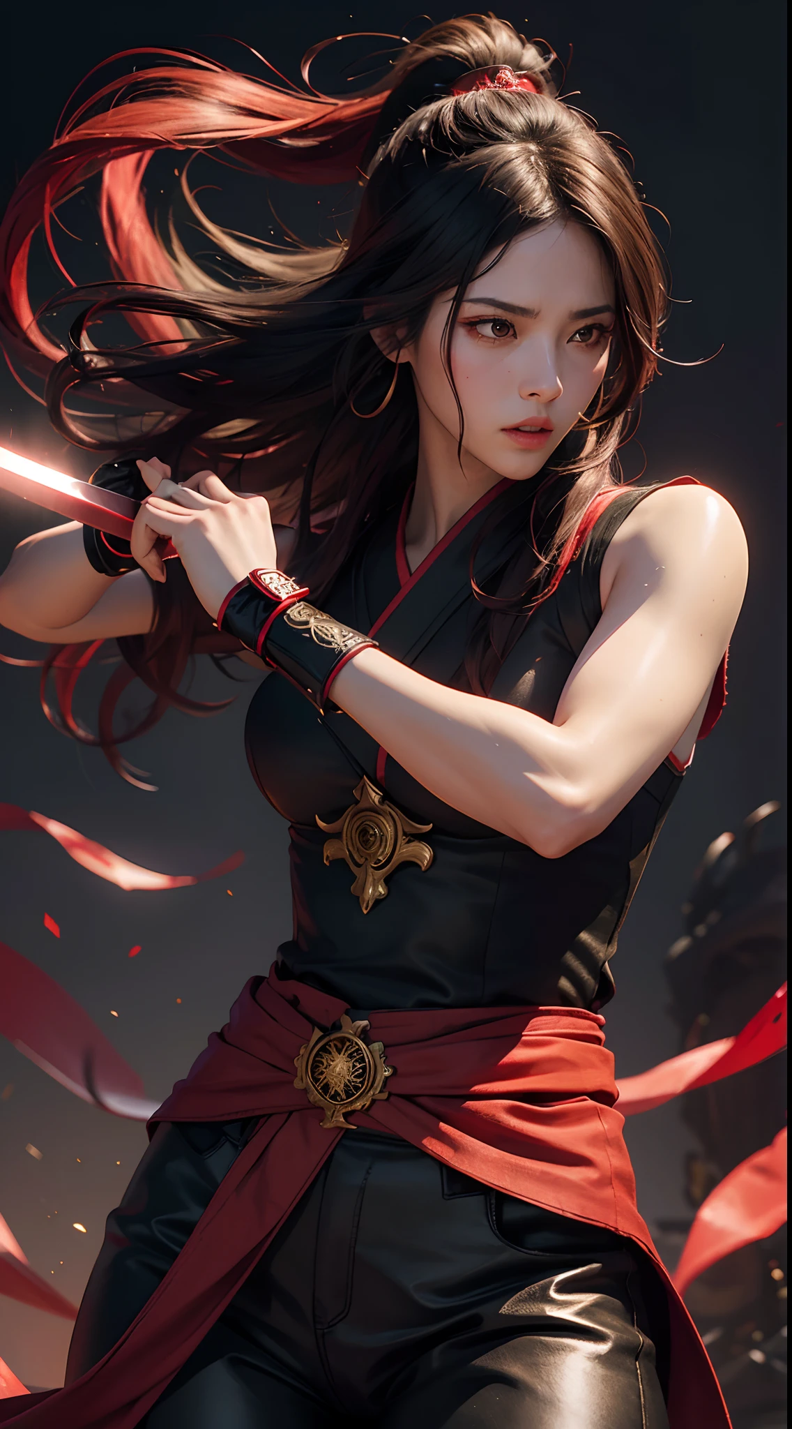 8K,Photorealsitic Raw photography top-quality;1.4) (hermosa mujer) Super handsome (Lifelike face) Boy with Japan sword on his waist Black and red samurai armor Black and red trousers(Golden decoration) Glowing red eyes glaring at you 超A high resolution A hyper-realistic real looking skin enticing Beautiful expression Demon Hunters of Beast City combat scene Iai Slash Intense red aura from the body(Red effect)