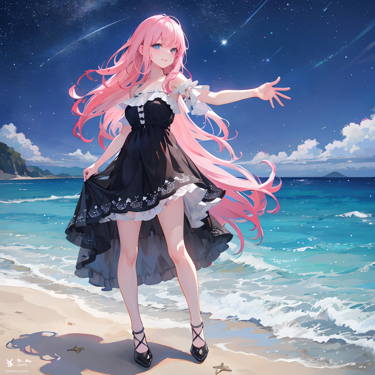 (best quality,4k,highres:1.2),ultra-detailed,(realistic,photorealistic,photo-realistic:1.37),pink hair,long hair,neat bangs,even bangs,sky-blue eyes,cute,girlish,black long dress,black stockings,shoes on the feet,full-body shot from the side,entire body,covered fingers and arms,beach background,starry sky by the seaside,happy expression,cute gesture