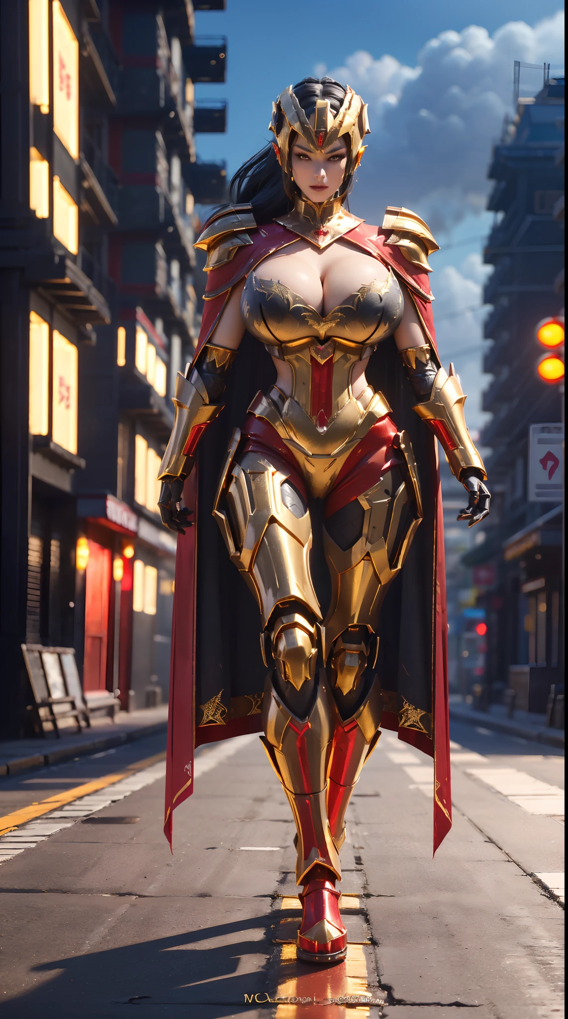 1GIRL, SOLO, ssmile, (ponytail hair, Dragon queen, helmet), (HUGE FAKE BOOBS:1.3), (red, black, gold, FUTURISTIC DRAGON MECHA ARMOR SUIT, ROYAL CAPE, CLEAVAGE:1.5), (SKINTIGHT YOGA PANTS, HIGH HEELS:1.2), (NSFW GLAMOROUS BODY, SEXY LONG LEGS, FULL BODY:1.3), (FROM FRONT, LOOKING AT VIEWER:1), (WALKING DOWN ON STREET NIGHT CITY:1.3), PHYSICALLY-BASED RENDERING, ULTRA HIGHT DEFINITION, 8K, 1080P.