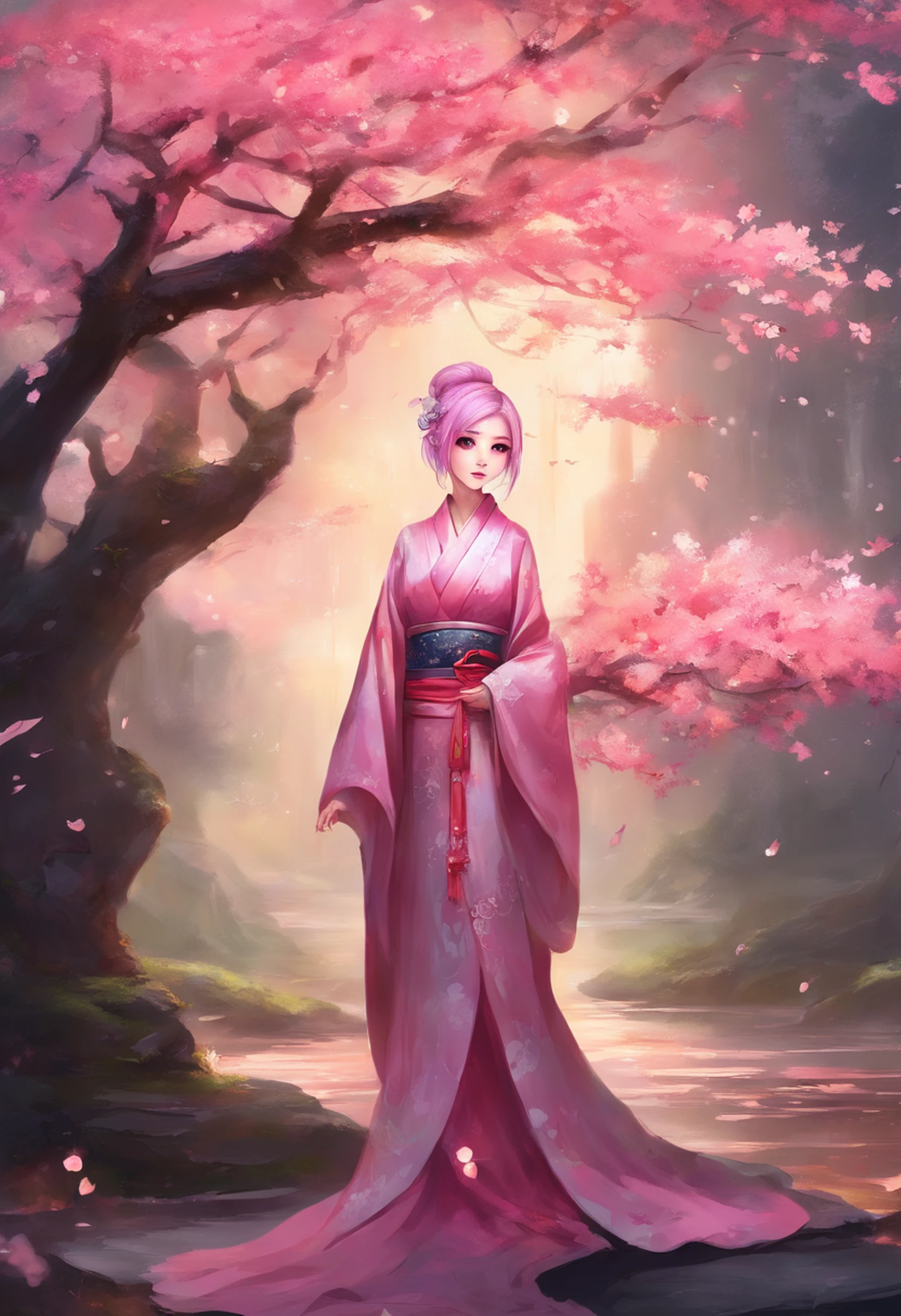 pink haired girl. wearing a kimono. at a sakura tree. in night. while raining wearing glasses