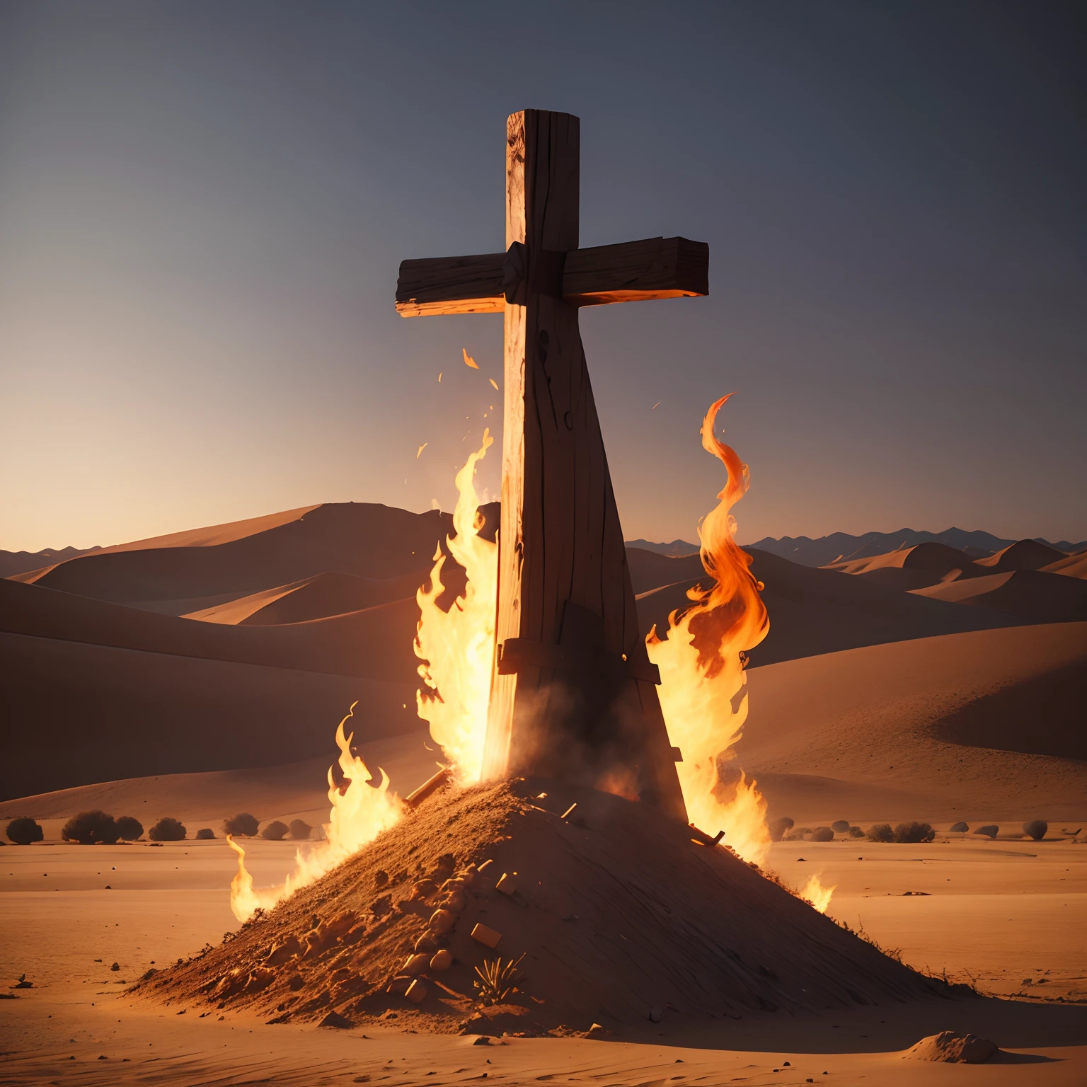 A wooden cross on fire in the middle of the desert, Wild West style.