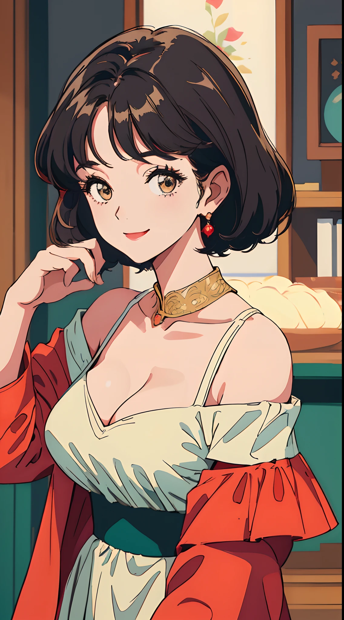 (Best quality, Masterpiece, A high resolution),1girll,比基尼,Close-up shot,Super large breasts,Off-the-shoulder attire,cleavage,Solo,Short hair,Wavy hair,Smile,