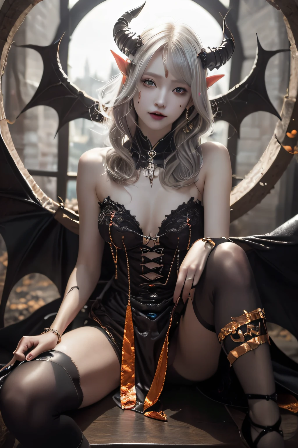 (masterpiece:1.3), high resolution, ultra detailed, extremely detailed CG unity 8k wallpaper, realistic, photo-realistic, RAW photo, (beautiful detailed face), pale skin, realistic skin, detailed cloth texture, detailed hair texture, Perfect body, Beautiful Face, accurate, Anatomically correct, Highly detailed face and skin texture, natural neck length, (beautiful hands), (fair skin:1.2), Thin legs, Thin feet, (((dim lighting:1.3))), silver laser,
BREAK,
Detailed eyes, symmetrical eyes, Brown eyes, Double eyelids, Thin eyebrows, ((Dracula makeup:1.3)), (Glossy lips:1.4), (seductive smile:1.2),
BREAK,
(A Devil girl), ((wearing a Devil costume:1.3)), (Black pin heels:1.1), (Devil horns on the head:1.2), (huge black bats wings on the back:1.2),
(large breasts:1.2), (firm breast, nicely shaped breasts, slender figure:1.1),
((Gray hair:1.5)), (wavy hair), ((short hair:1.2)), ((asymmetrical bangs:1.2)),
BREAK,
(Sitting on the Luxury chair with one legs up:1.2), ((view of A dim ruins decorated for Halloween:1.3)), (From below:1.2),
(((Upper body shot:1.2))), (looking at viewer:1.2),