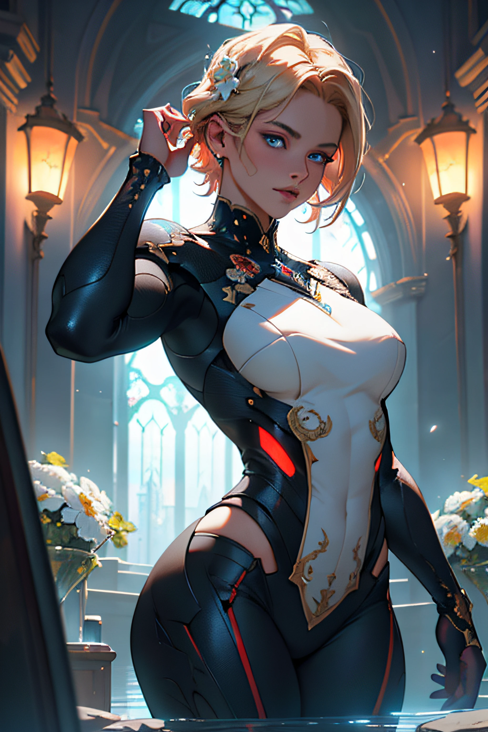 Highly detailed RAW color photo, beautiful young woman, short blonde hair, dynamic pose, (wide hips), (detailed skin), (detailed lips), (detailed eyes), (cosmic: 1.4), (necropolis: 1.1), (science fiction setting) (detailed face), (curvy), red clothing, detailed eyes, chromatic aberration, depth of field, soft lighting, masterpiece, best quality, intricate, (lens reflection: 0.7), (flowering: 0.7), particle effects, ray tracing,  tone mapping, highly detailed, concept art, smooth, sharp focus, dramatic lighting, highly detailed art, cinematic, hyper-realistic painting, trending on Artstation, 8K, amazing shadows, realistic, (highly detailed background: 1.2), mid-journey art
